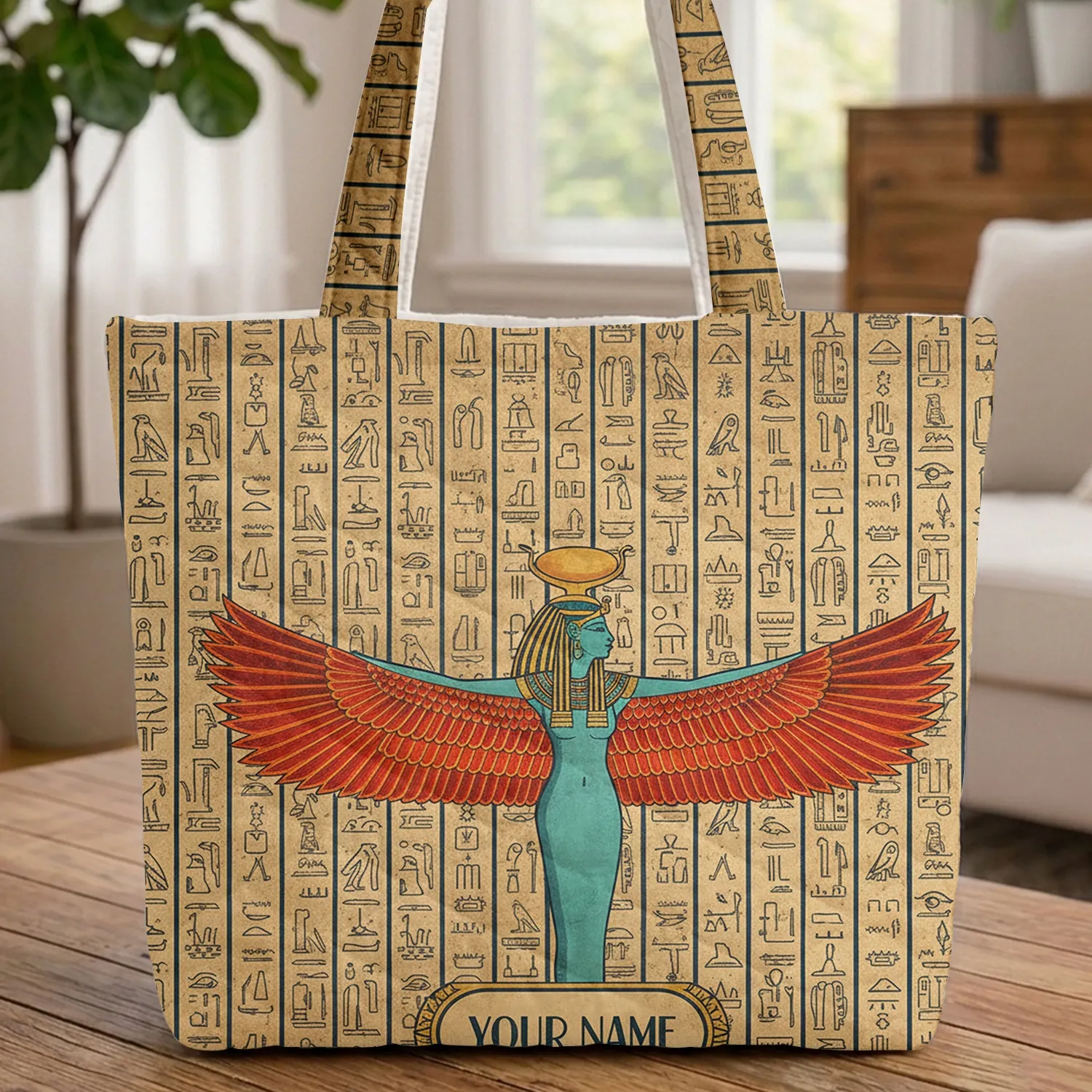 Winged Egyptian Deity Ma'at Isis Hieroglyphs - Ancient Egypt Lover Gift Quilted Tote Bag - 1