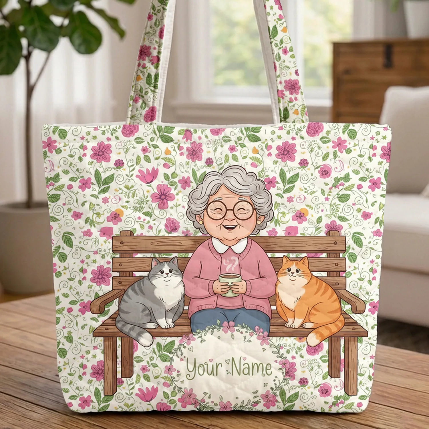 Cheerful Woman Cats Garden Flowers Park Bench - Grandma Everyday Carry Gift Quilted Tote Bag - 1