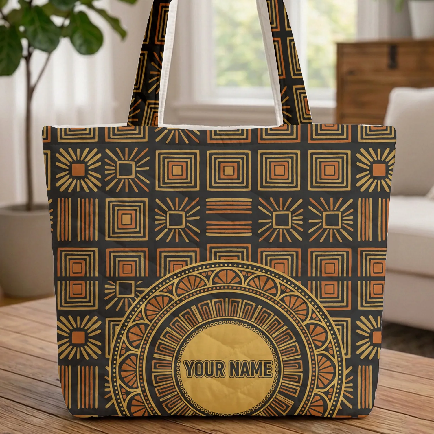 African Tribal Sunburst Zigzag Faux Gold Accents Personalized Name - Everyday Tote Quilted Tote Bag - 1