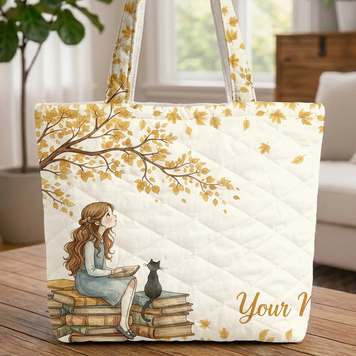 Personalized Girl Reading Black Cat Autumn Tree - Fall Season Book Lover Gift Quilted Tote Bag - 1