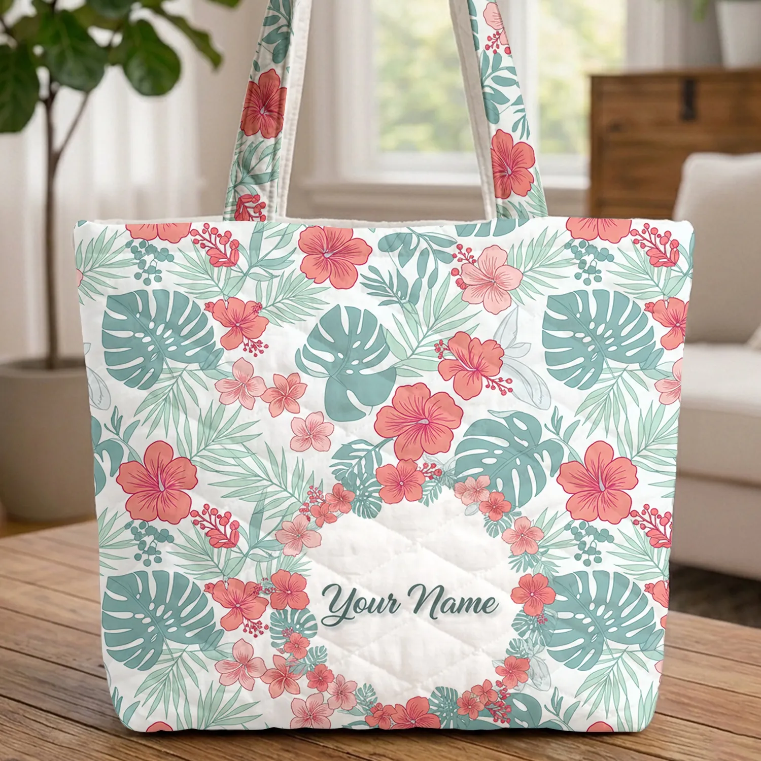 Lush Tropical Berries Leaf Small Floral Wreath Name - Everyday Boho Lifestyle Gift Quilted Tote Bag - 1