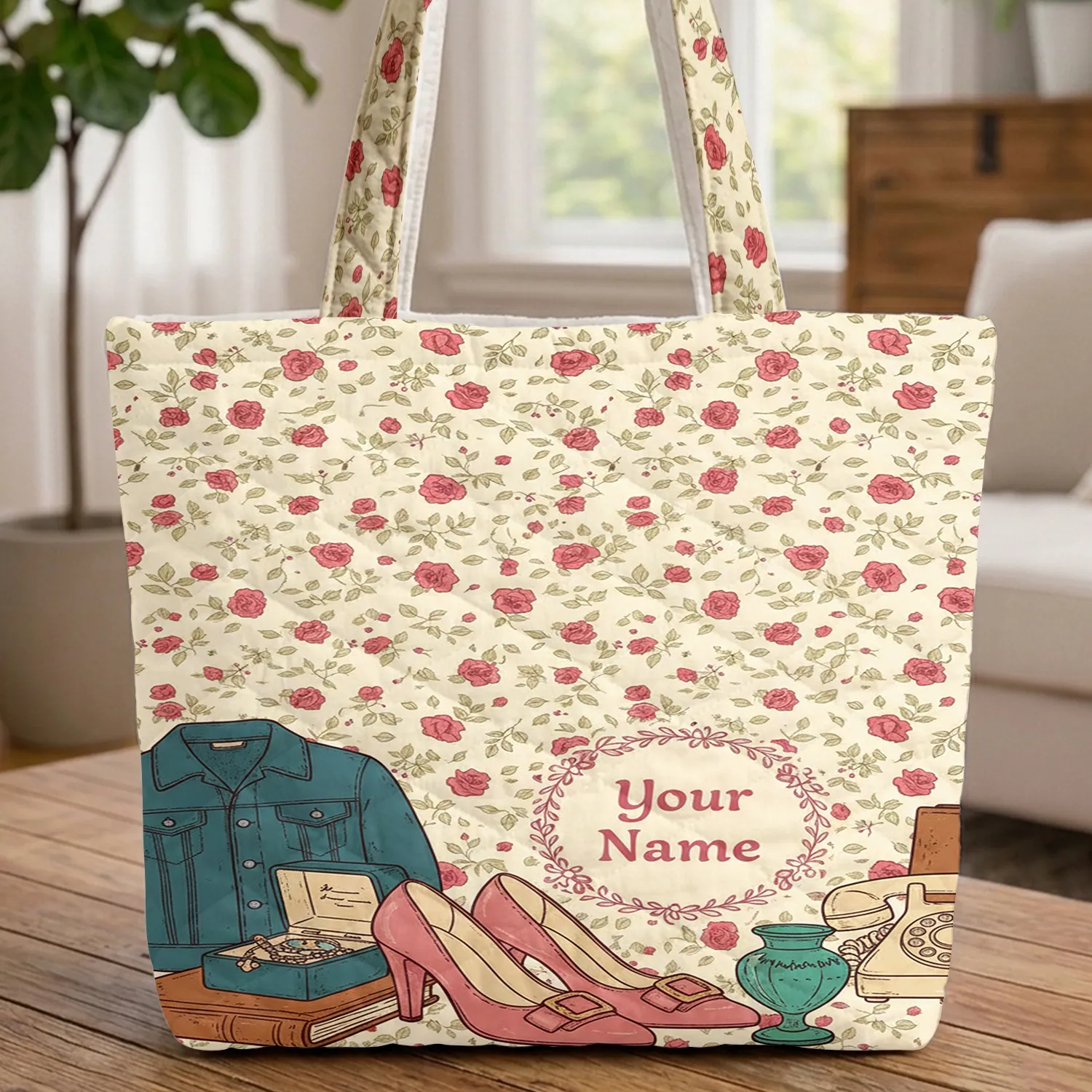 Roses Denim Jacket High Heels Phone Floral Wreath - Personalized Gift Quilted Tote Bag - 1