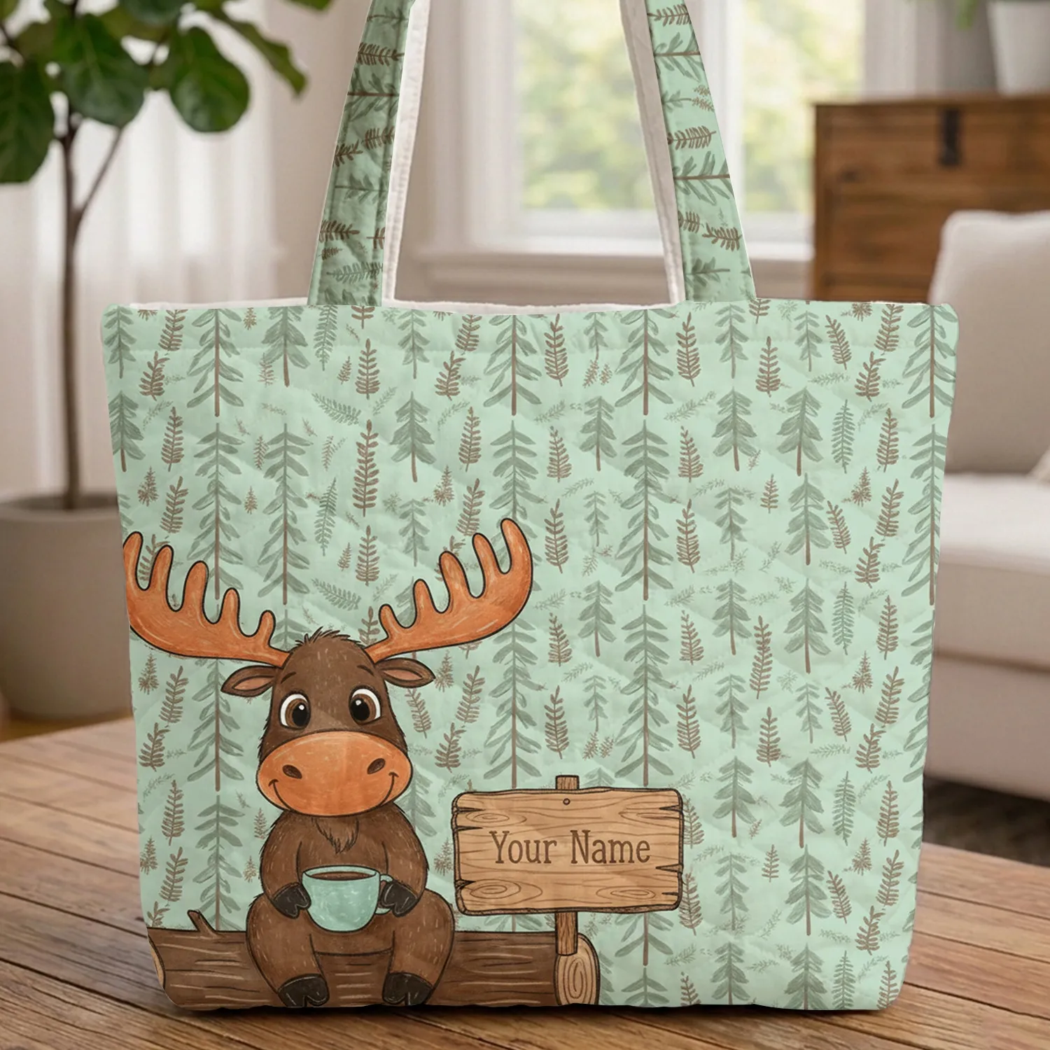 Moose on Log Pine Fern Coffee Cup Wooden Sign - Woodland Wildlife Lover Gift Quilted Tote Bag - 1