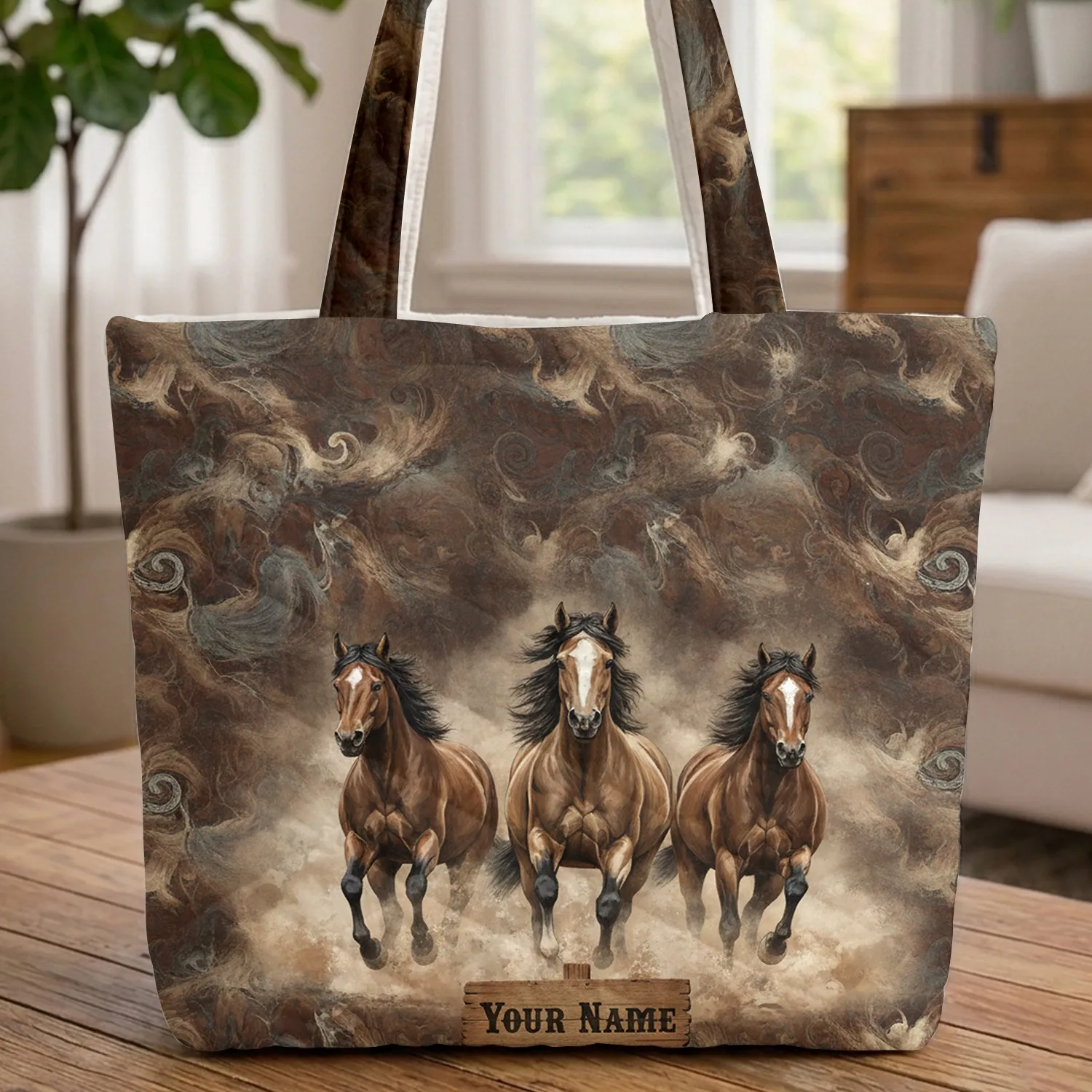 Wild Horses Dust Cloud Personalized Wood Sign - Western Decor Wildlife Lover Gift Quilted Tote Bag - 1