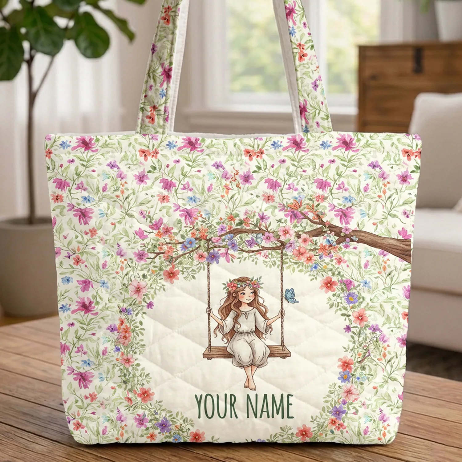 Flower Crown Girl Swing - Lush Floral Storybook Decor Gift Quilted Tote Bag - 1