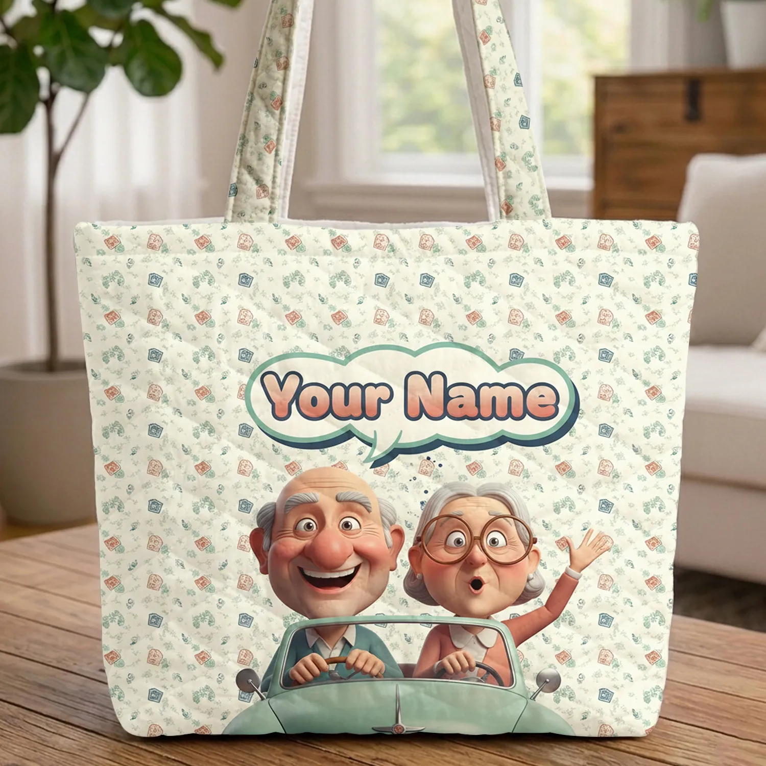 Elderly Couple Road Trip Vintage Signs - Travel Essentials Gift for Grandparents Quilted Tote Bag - 1