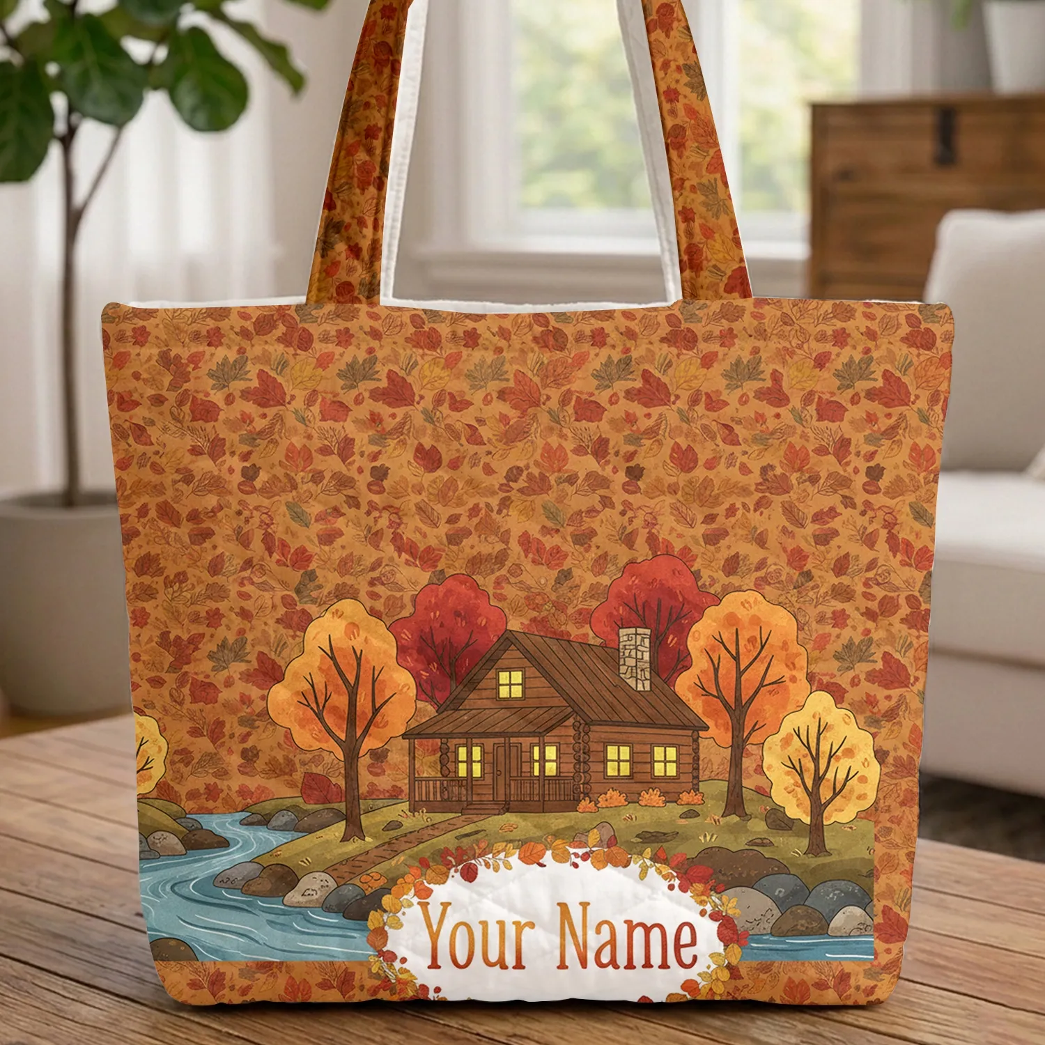 Log Cabin Glowing Windows River Autumn Leaves Pine Sprigs - Personalized Fall Gift Quilted Tote Bag - 1