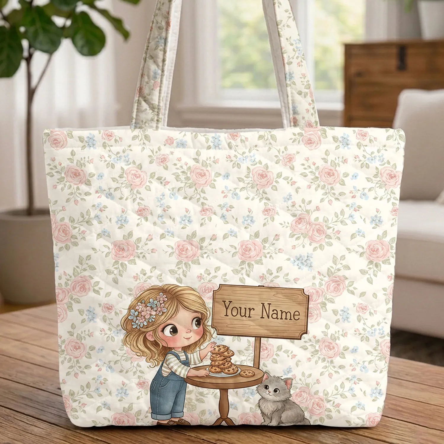 Little Girl Kitten Cookies Roses Blossoms Quilted Tote Bag - 1