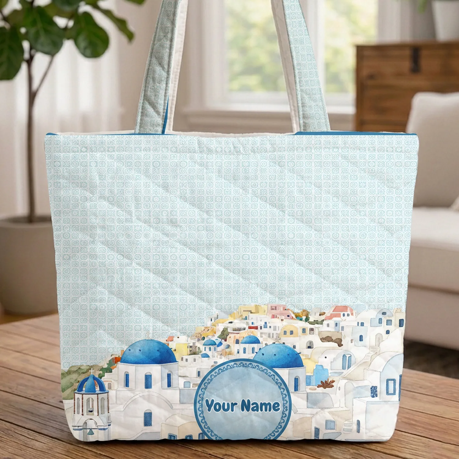 Santorini Greece Domed Buildings Island Getaway Travel Essentials Quilted Tote Bag - 1