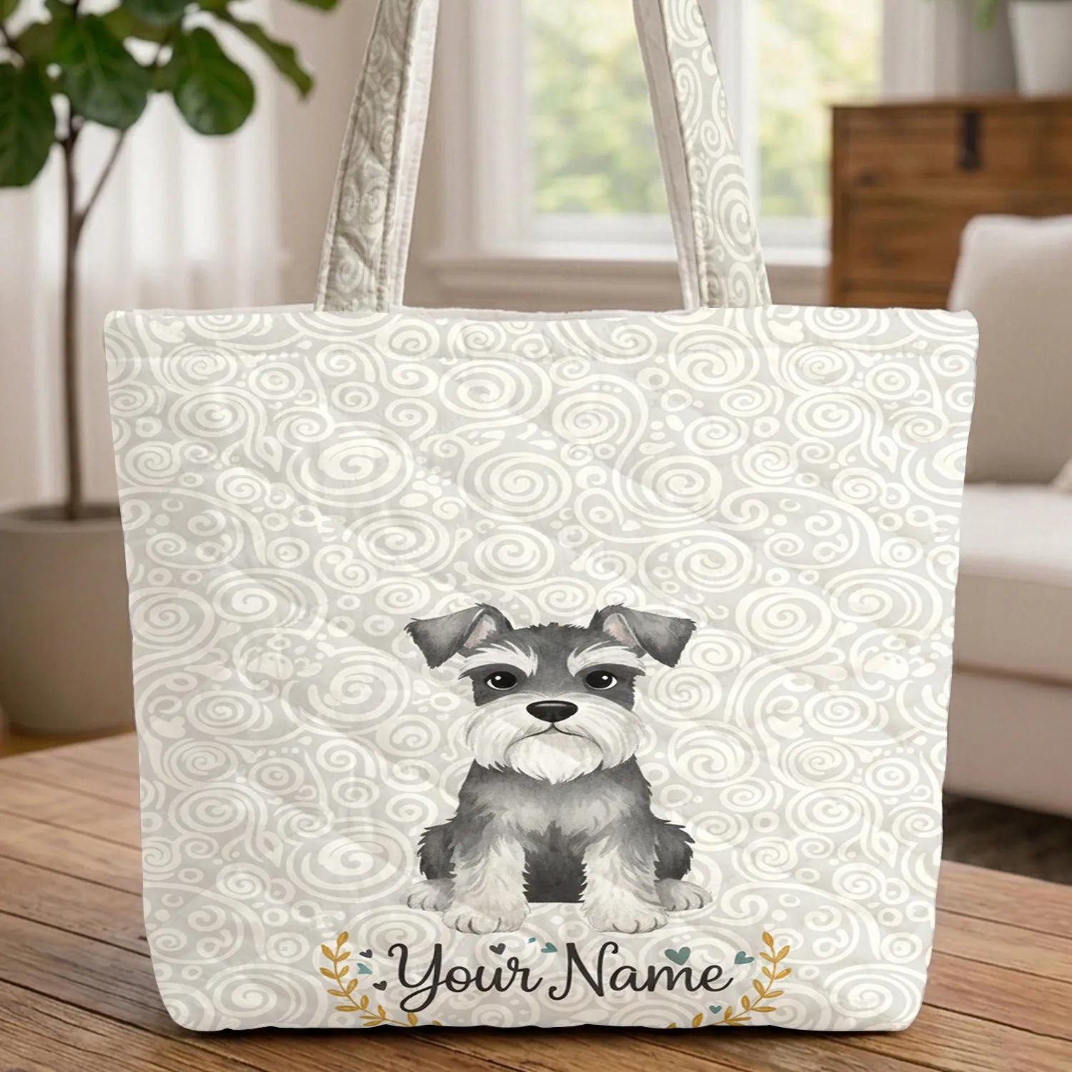 Schnauzer Dog Personalized Name Floral Wreath - Everyday Dog Lover Gift Quilted Tote Bag - 1