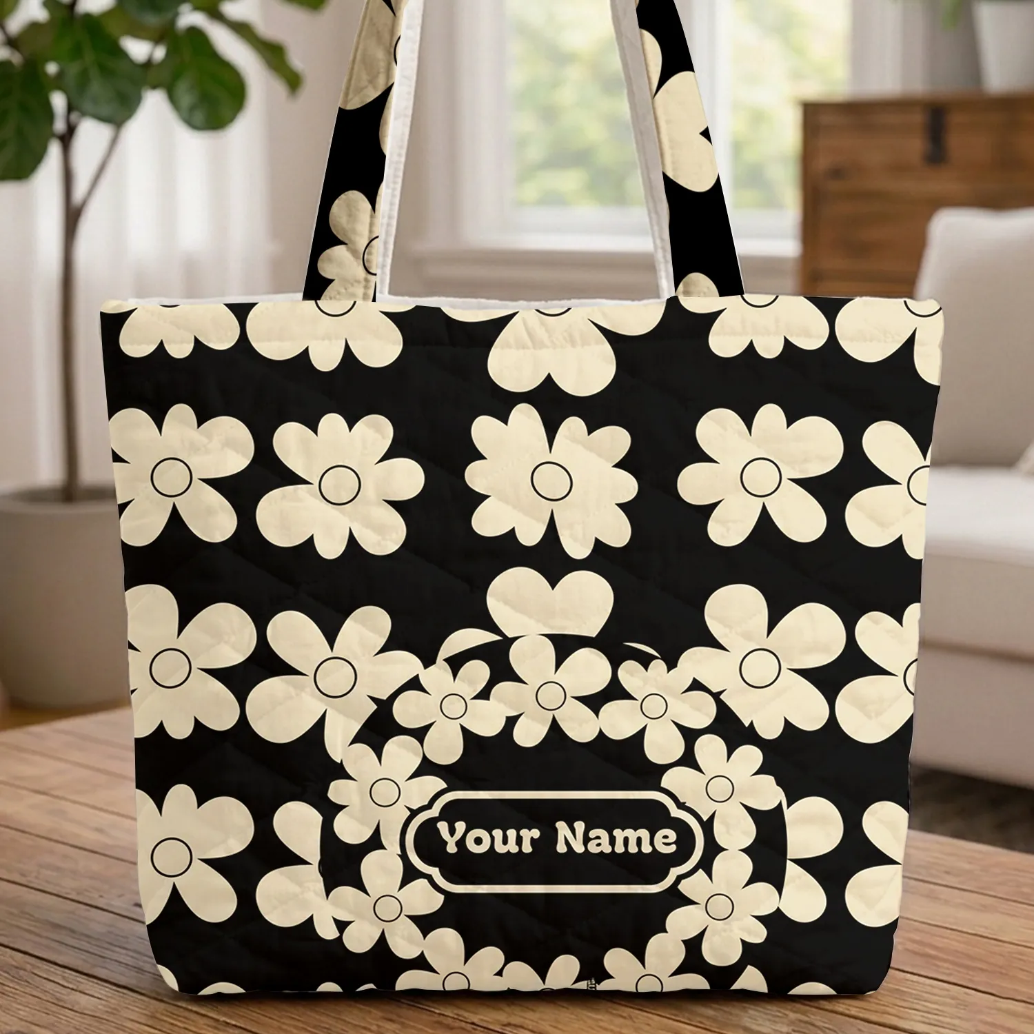 Black Cream Five Petal Flowers Central Circle Compact Enamel Plaque - Lifestyle Gift Quilted Tote Bag - 1