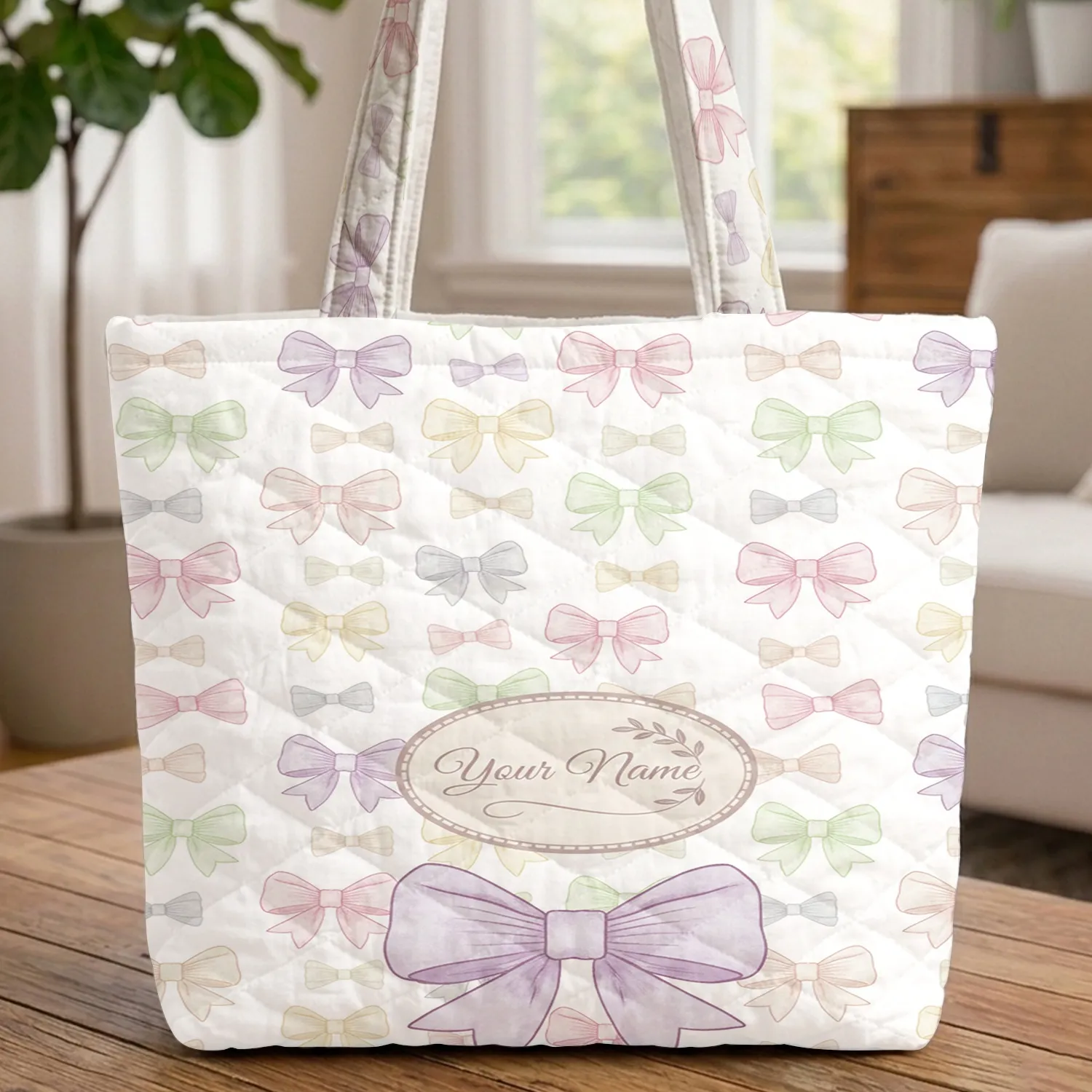 Bows Name Medallion Cursive Swash - Thoughtful Gift for Loved Ones Quilted Tote Bag - 1