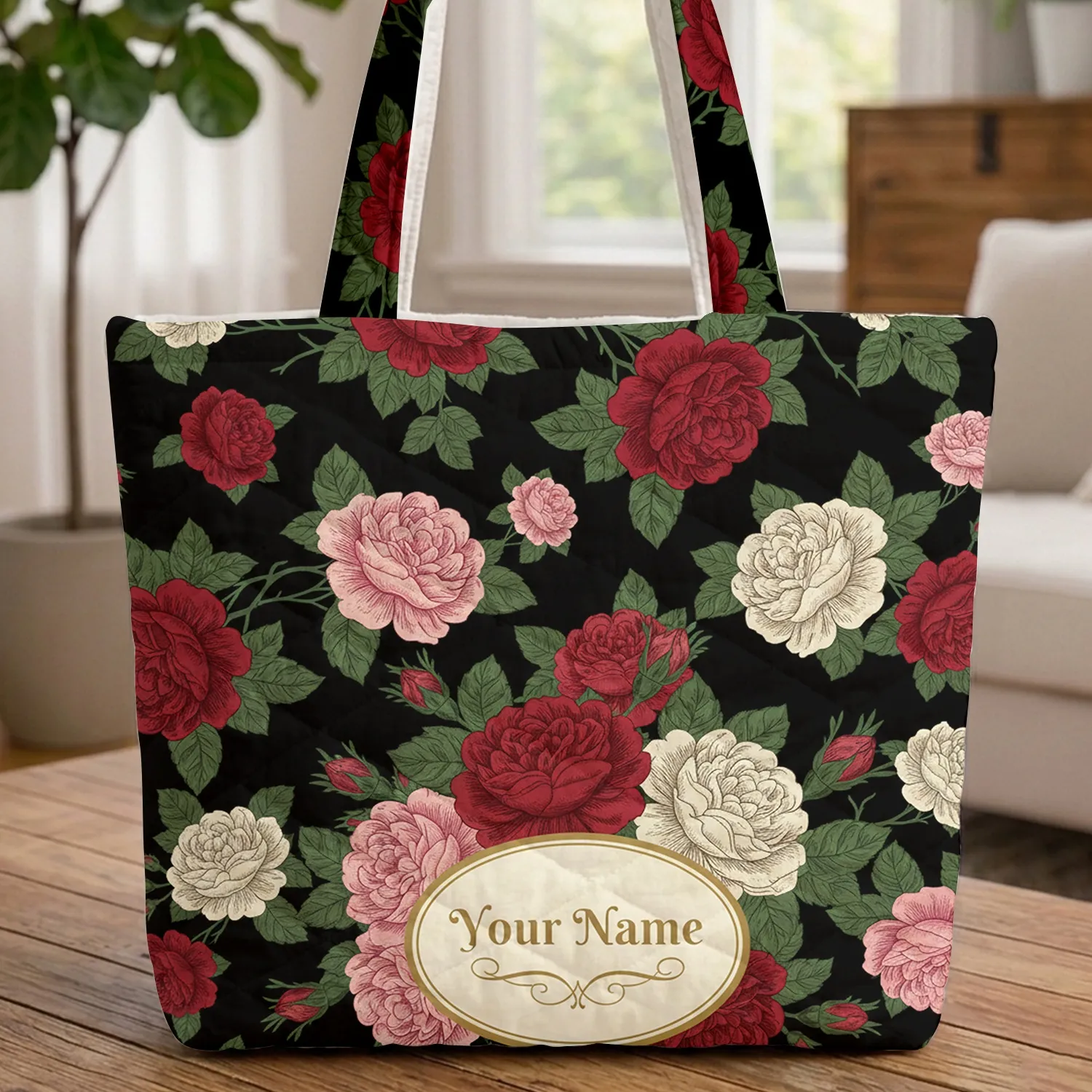 Personalized Vintage Roses Floral Medallion - Everyday Carry Gift for Her Quilted Tote Bag - 1