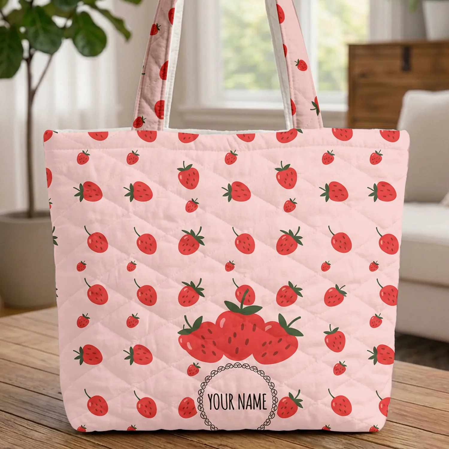 Bright Red Strawberries Circular Name - Sweet Berry Everyday Gift for Child Quilted Tote Bag - 1