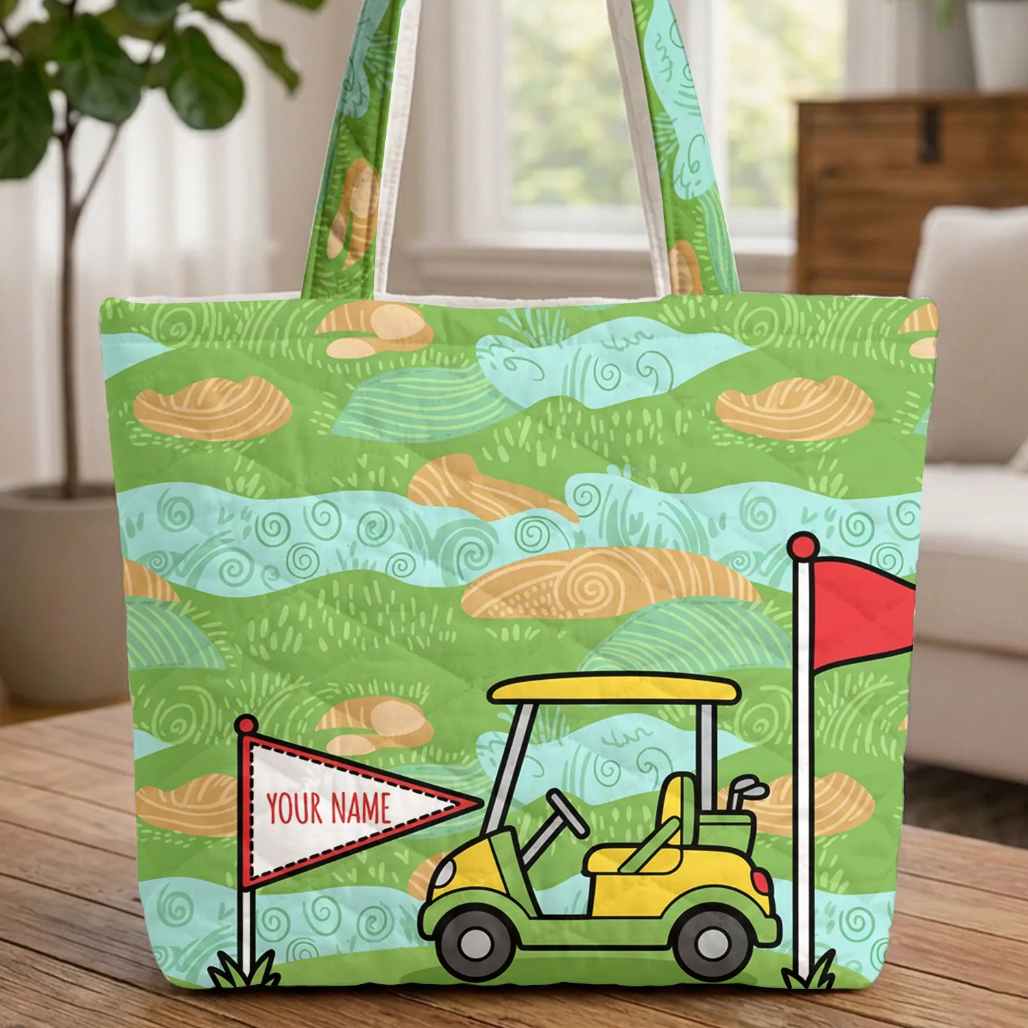 Friendly Golf Cart Red Flag Personalized Name - Golf Lover Gift for Golfers Quilted Tote Bag - 1