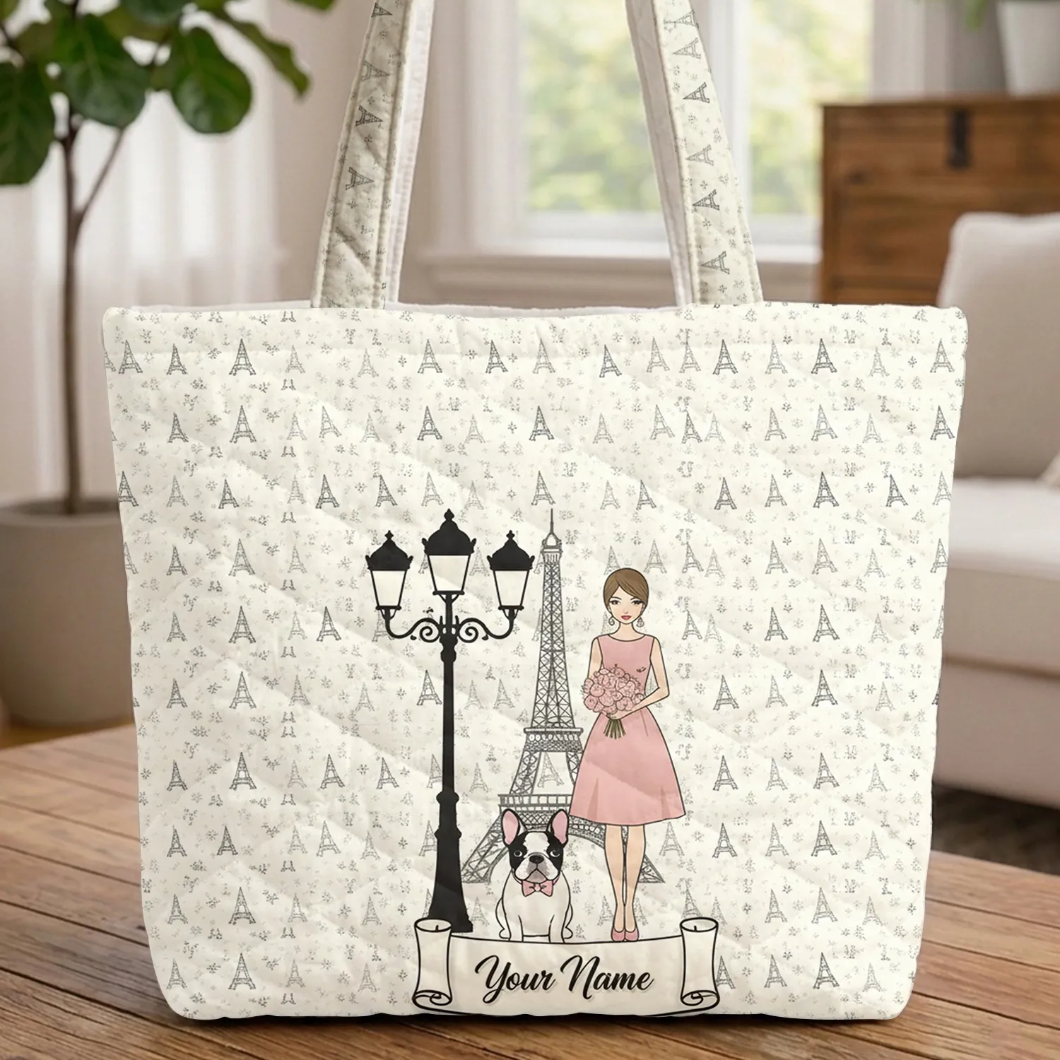French Bulldog Pink Bow Fashion Woman Parisian Street Scene Paris Lover Gift for Her Quilted Tote Bag - 1