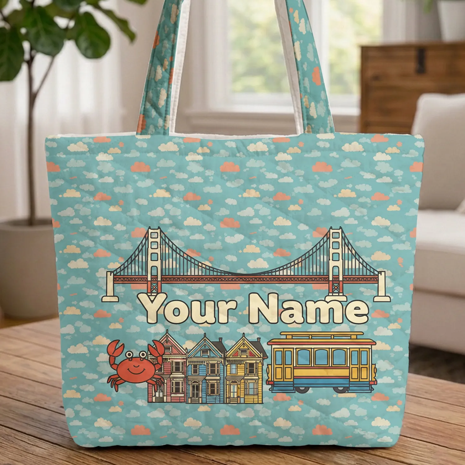 San Francisco Golden Gate Cable Car Crab Homes - Travel Souvenir Gift Quilted Tote Bag - 1