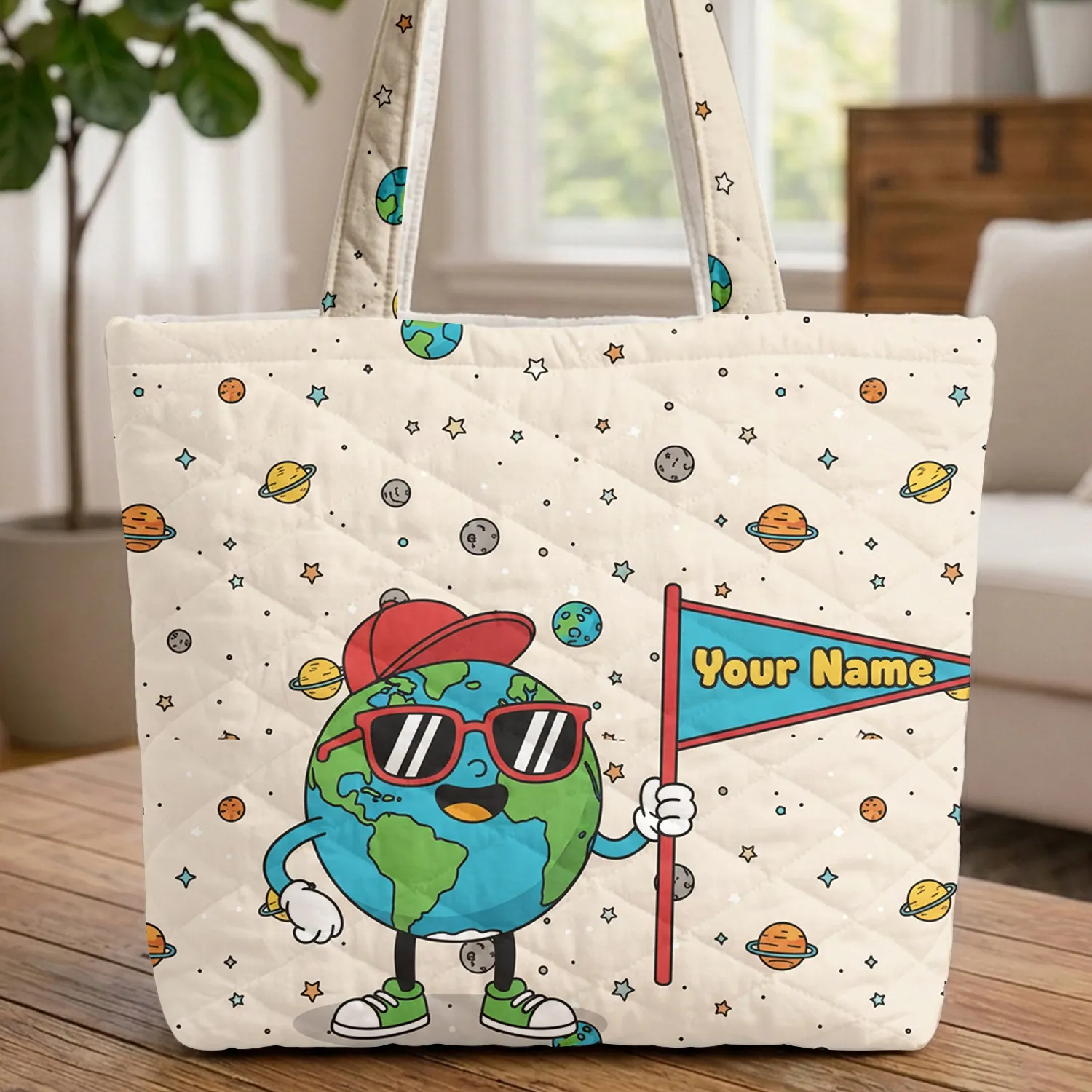 Smiling Earth Planet Baseball Cap Sunglasses Asteroids Stars - Space Lover Gift Quilted Tote Bag - 1
