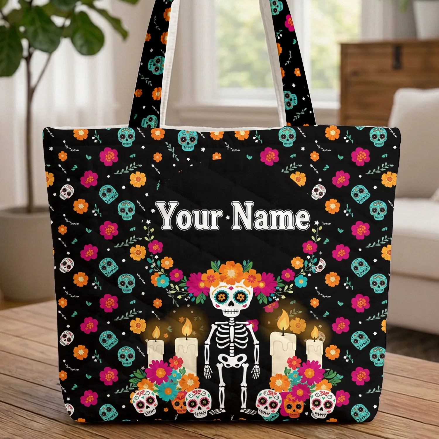Skeleton Altar Sugar Skull Papel Picado Floral Wreath - Day of the Dead Gift Quilted Tote Bag - 1