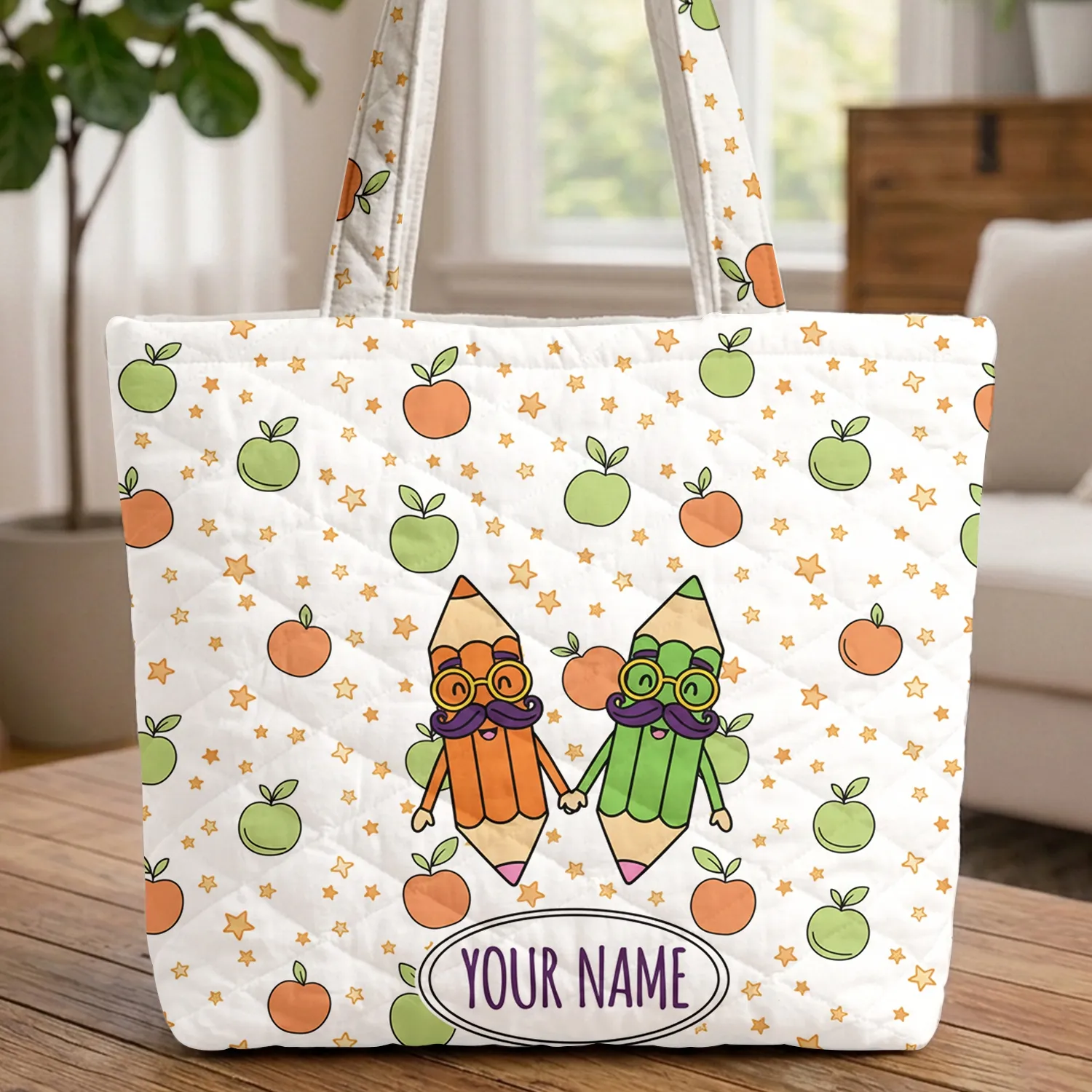 Cartoon Pencils Mustaches Glasses Personalized - Teacher Student School Gift Quilted Tote Bag - 1