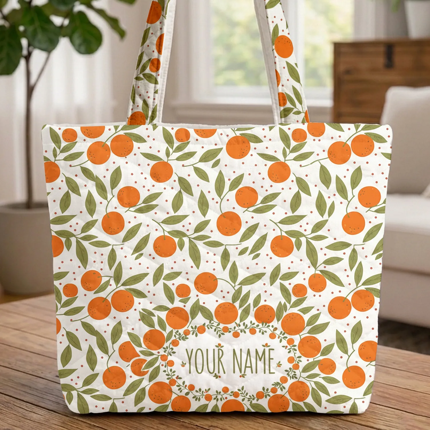 Scattered Oranges Leafy Branches Personalized Name Fruit Lover Gift Quilted Tote Bag - 1