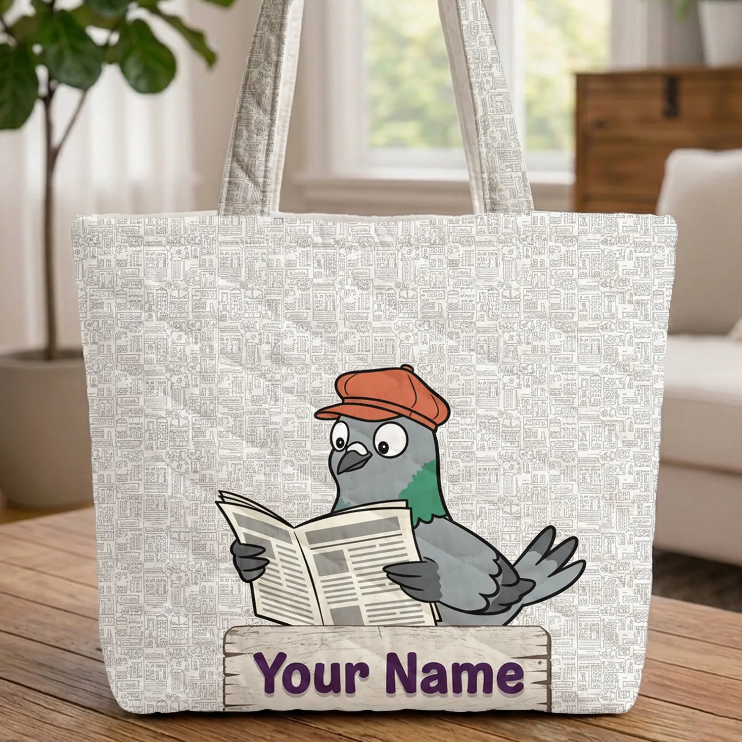 Pigeon Newsboy Reading Newspaper Personalized Sign Cityscape - Reading Fan Gift Quilted Tote Bag - 1