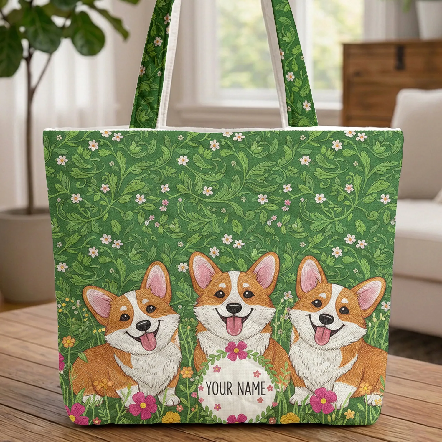 Happy Corgi Dogs Flowers Floral Wreath - Pet Lover Lifestyle Gift Quilted Tote Bag - 1