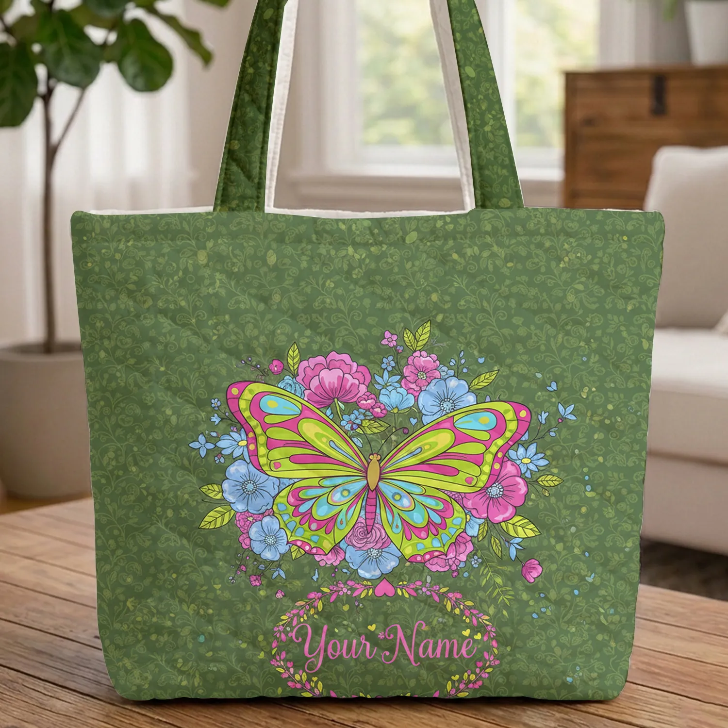 Ornate Butterfly Floral Wreath Personalized Name - Nature Lover Gift Quilted Tote Bag - 1