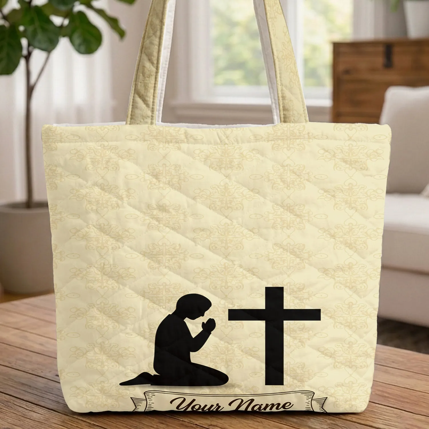 Kneeling Figure Cross Subtle Repeating Symbols - Devotional Faith Gift for Believers Quilted Tote Bag - 1