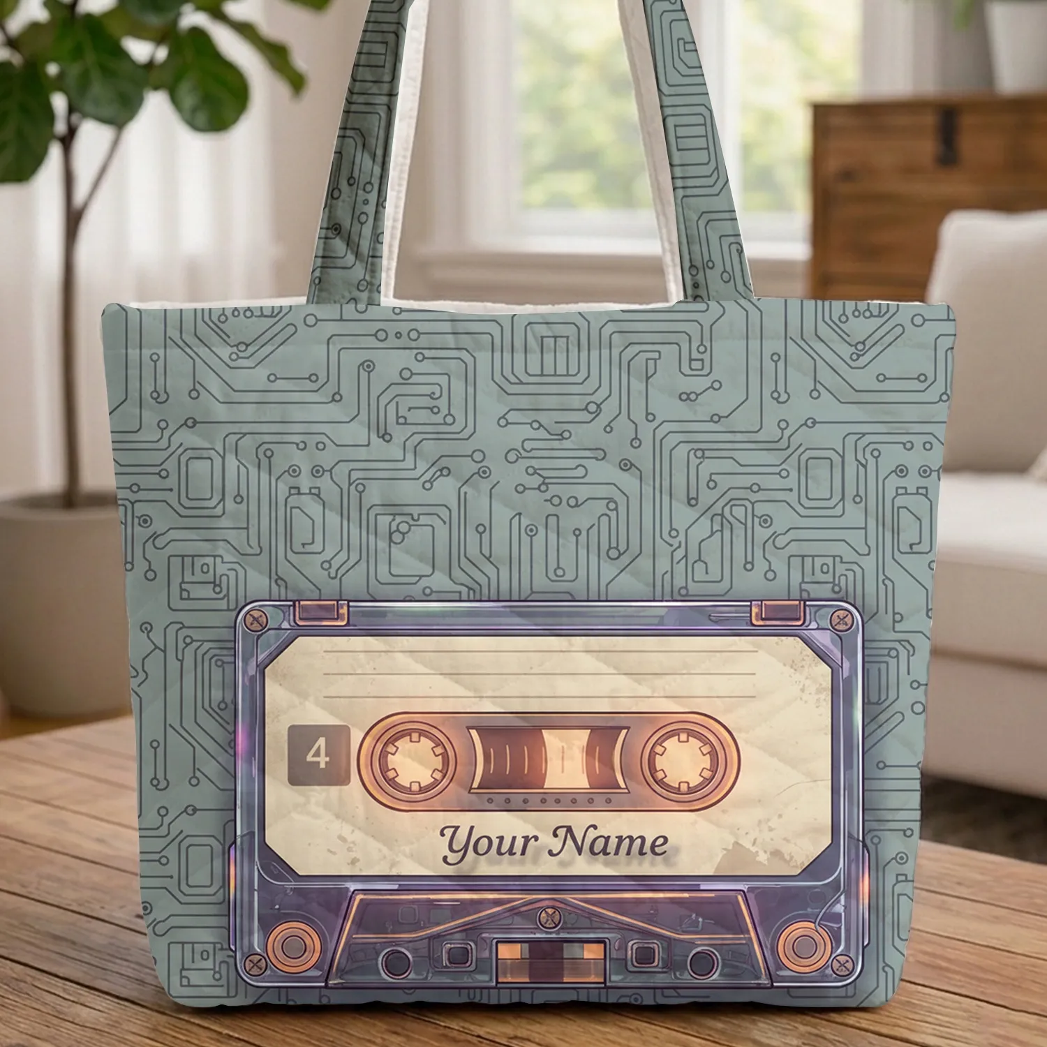 Ornate Glowing Retro Cassette Tape Circuit Board - Music Lover Gift for Retro Fans Quilted Tote Bag - 1