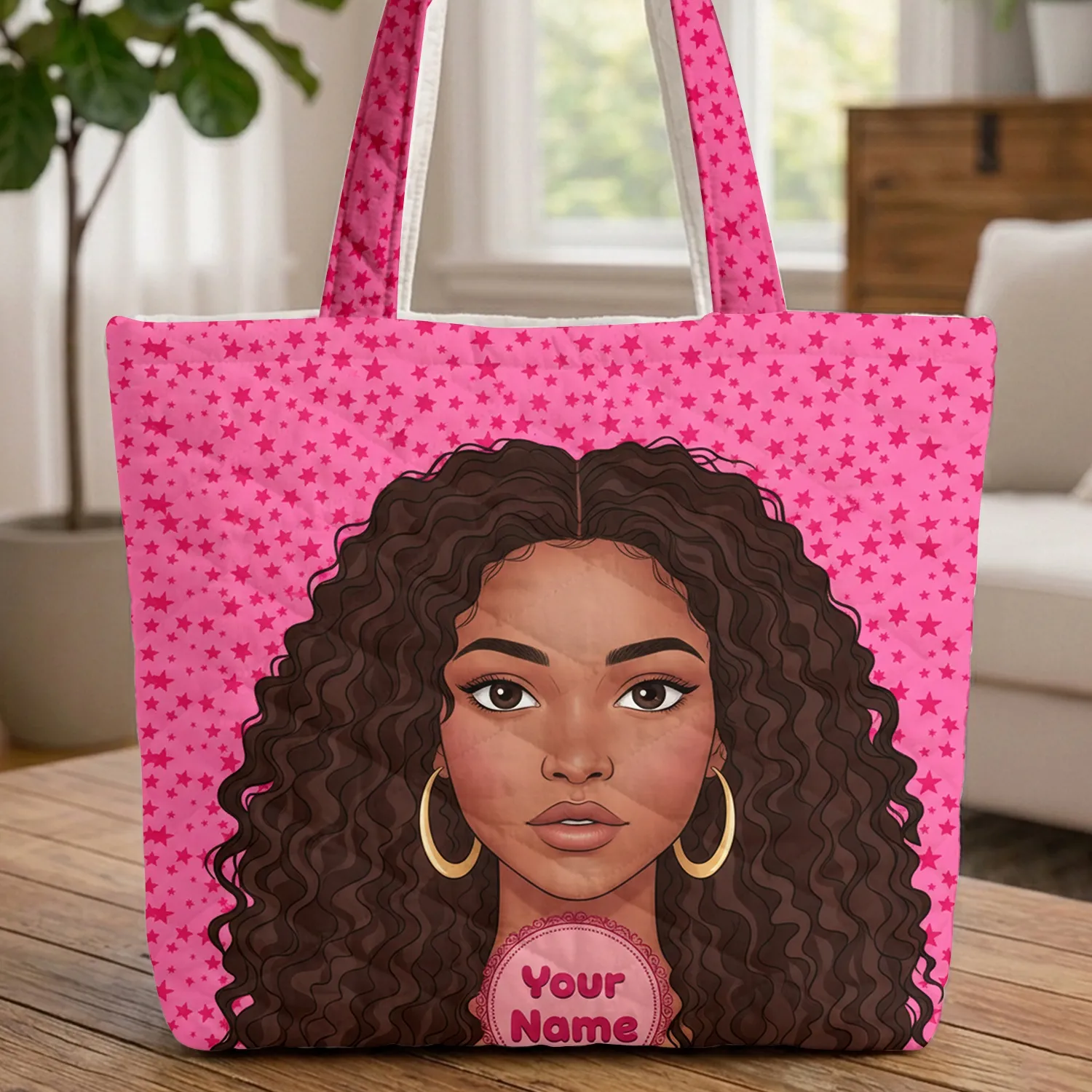 Young Woman Portrait Fuchsia Stars Gold Hoops - Everyday Carryall Gift for Her Quilted Tote Bag - 1