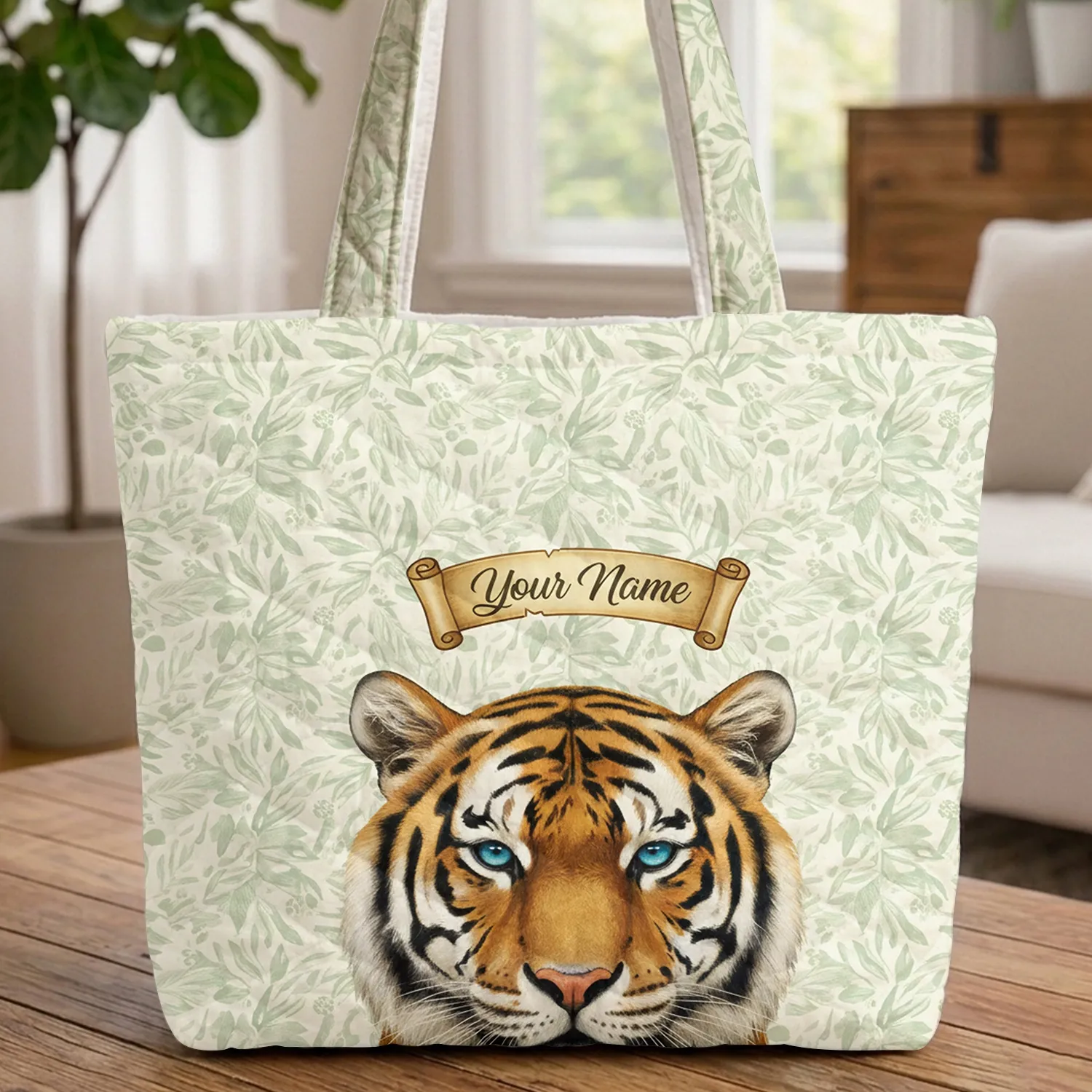 Tiger Head Portrait Blue Eyes Jungle Leaves Personalized Scroll Wildlife Lover Gift Quilted Tote Bag - 1