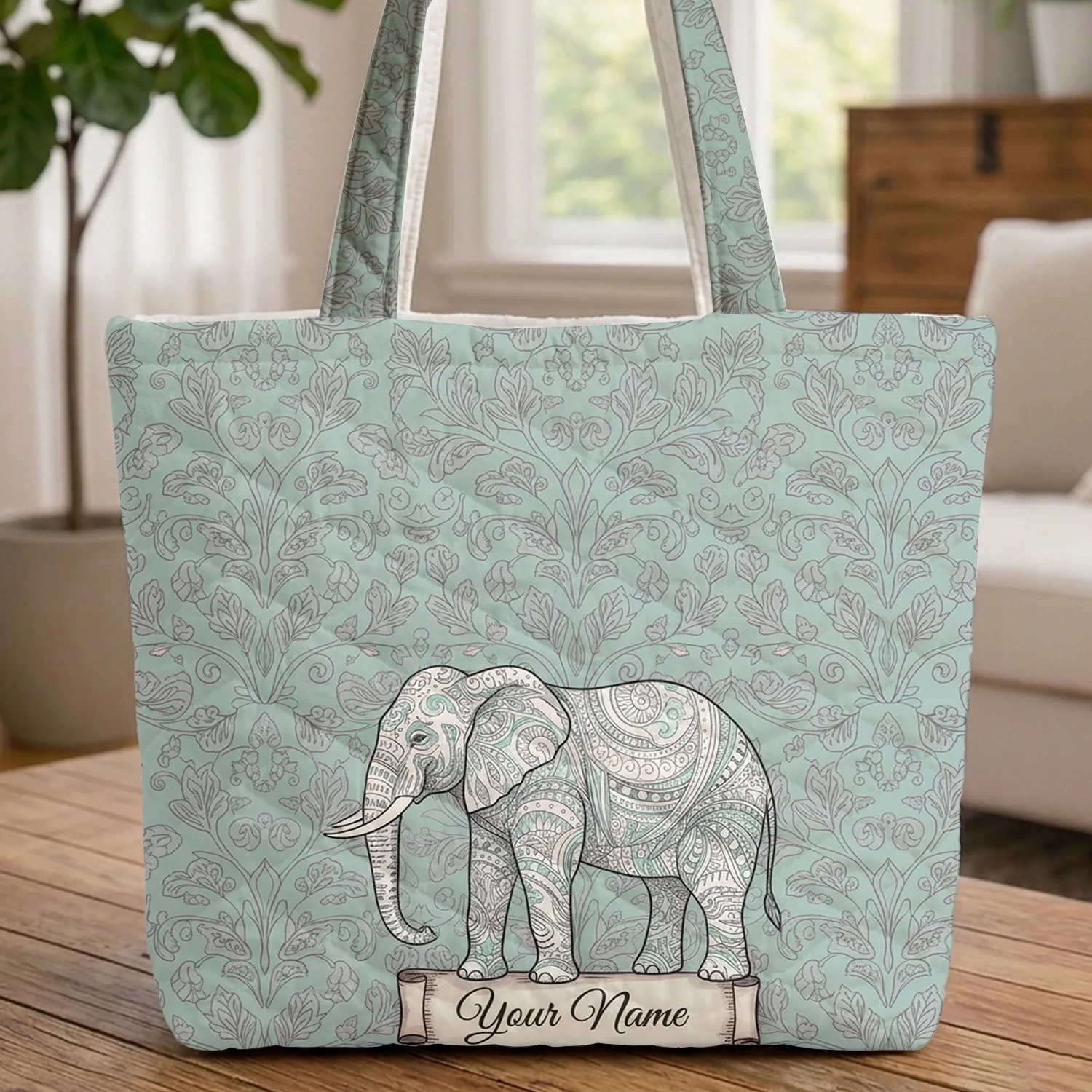 Standing Elephant Botanical Leaves Vine Name Scroll Wildlife Lover Gift Quilted Tote Bag - 1