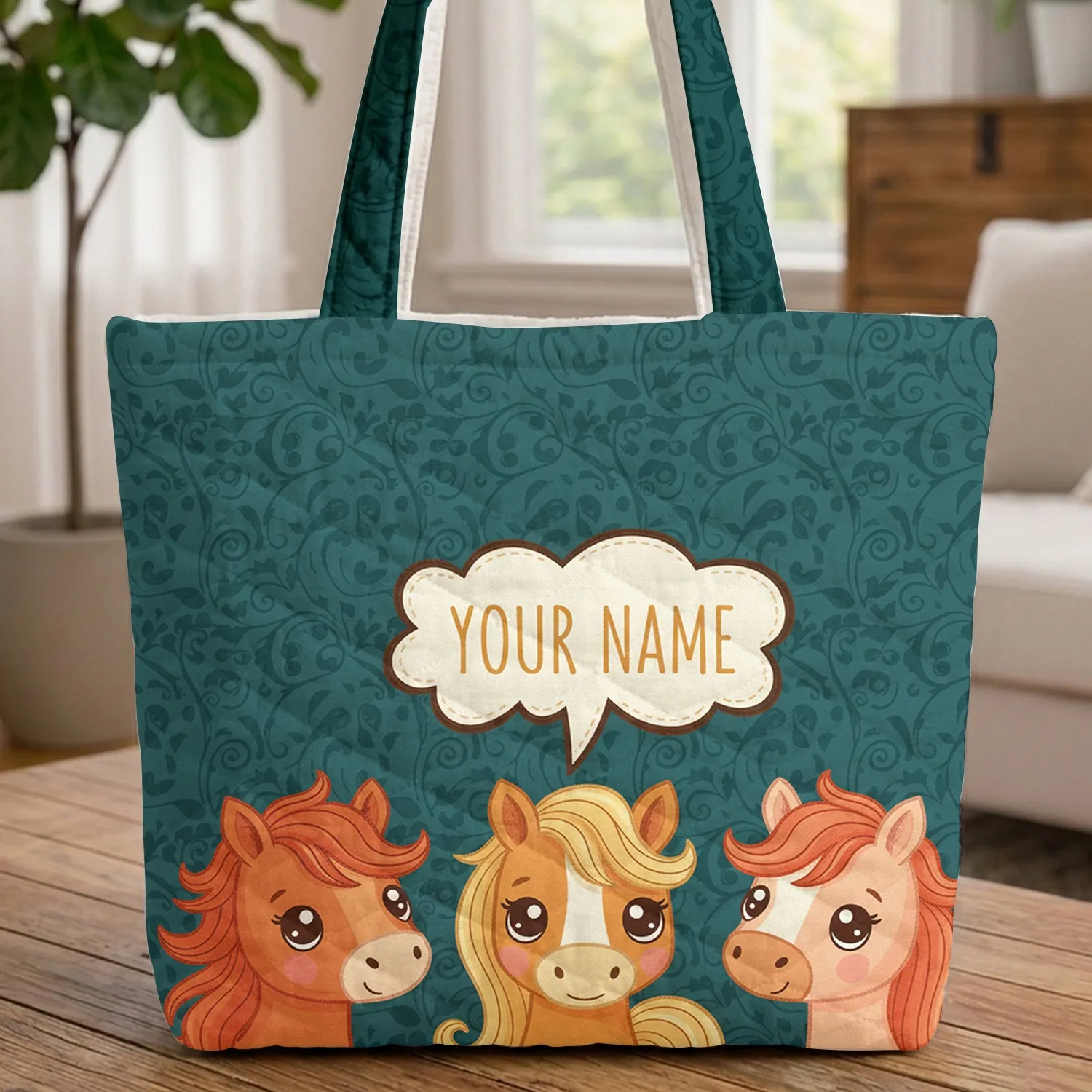 Horses Flowing Manes Cloud Speech Bubble Swirling Vine - Everyday Tote Gift Quilted Tote Bag - 1