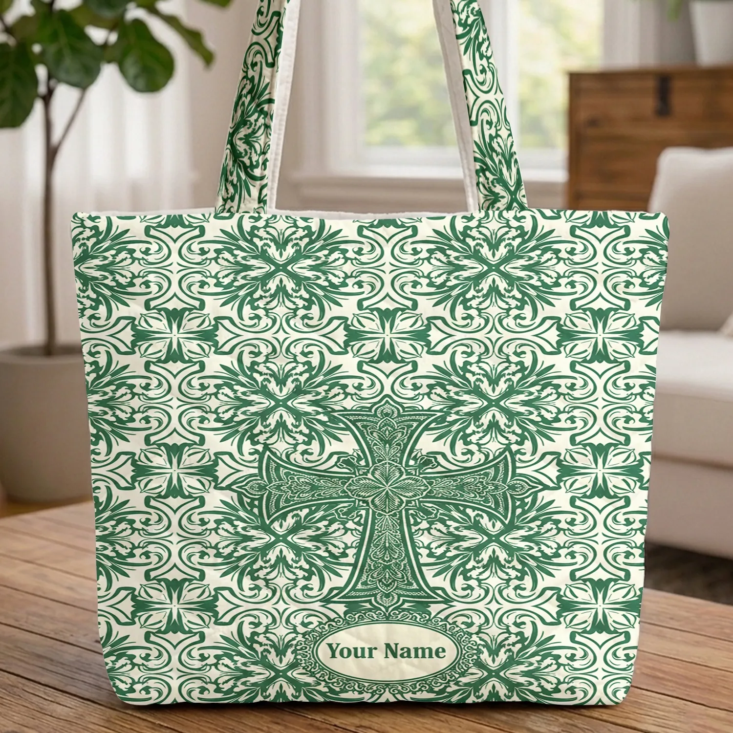 Maltese Cross Filigree Acanthus Leaves Oval Medallion Quilted Tote Bag - 1