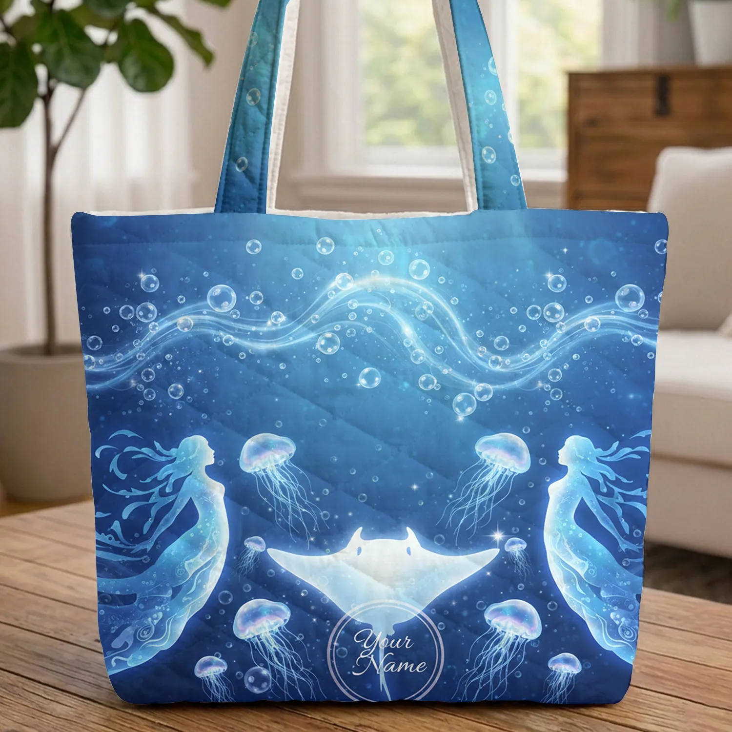 Luminous Manta Ray Jellyfish Personalized Name - Ocean Lover Gift Quilted Tote Bag - 1