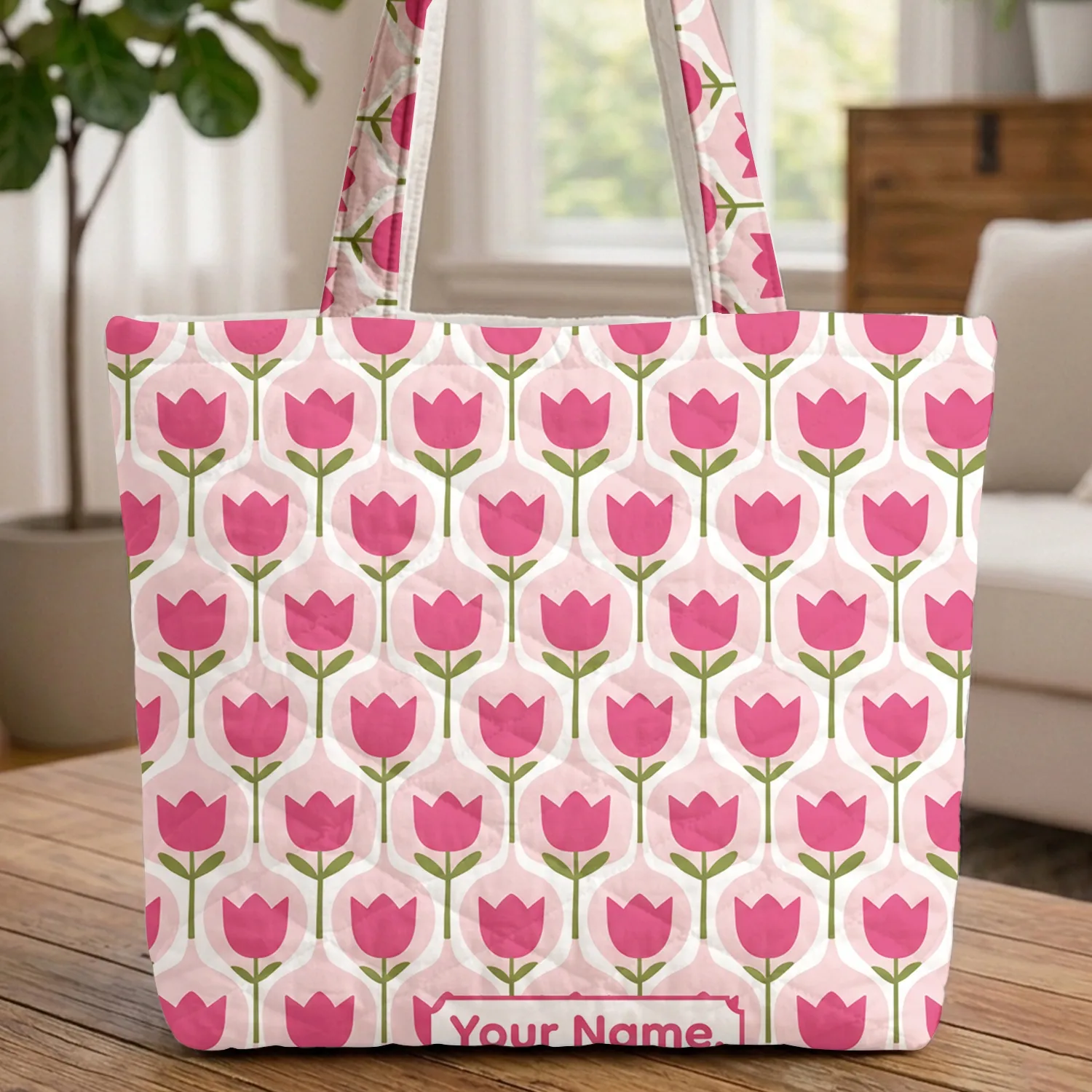 All Over Floral Wavy Tulips Name Enamel Plaque - Everyday Carry Meaningful Gift Quilted Tote Bag - 1