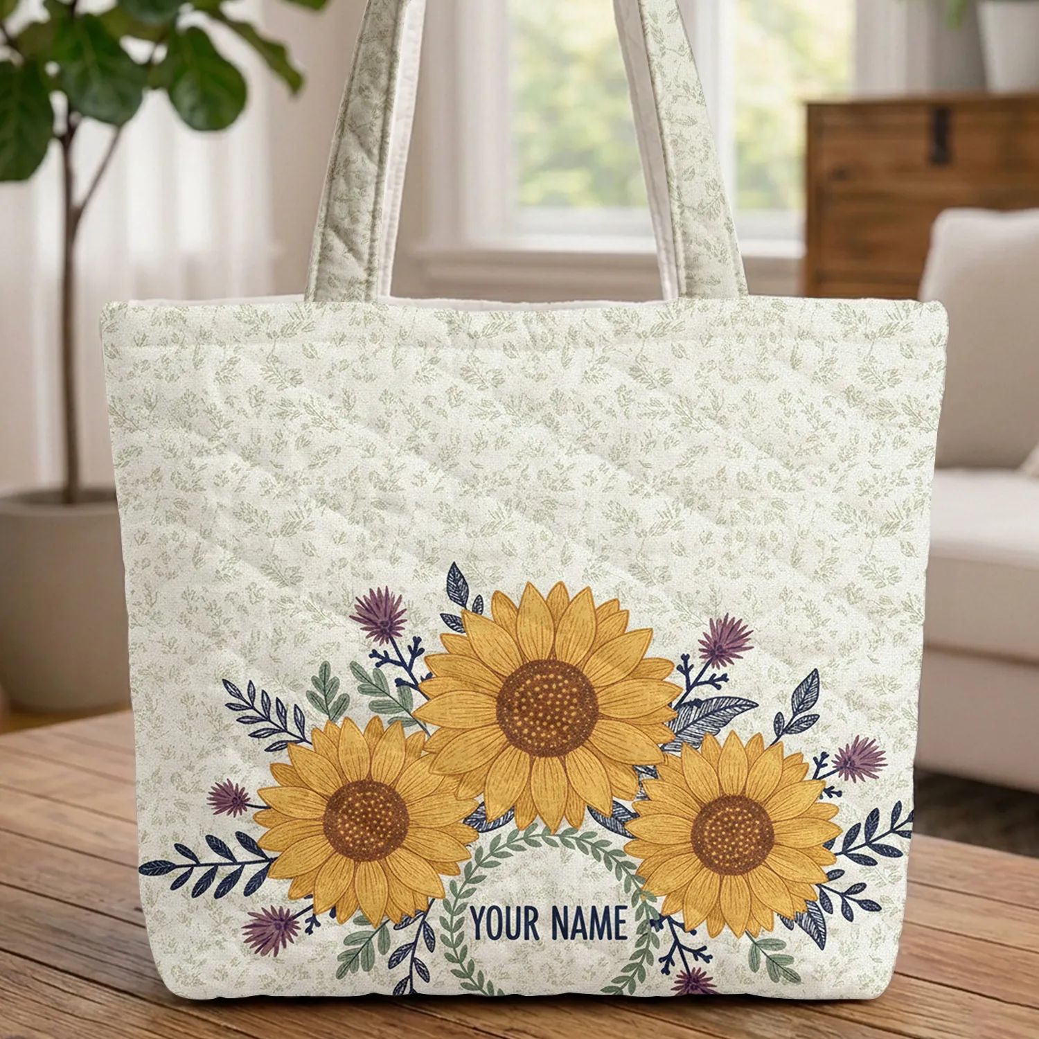 Sunflowers Thistle Floral Wreath Personalized - Everyday Carry Name Gift Quilted Tote Bag - 1