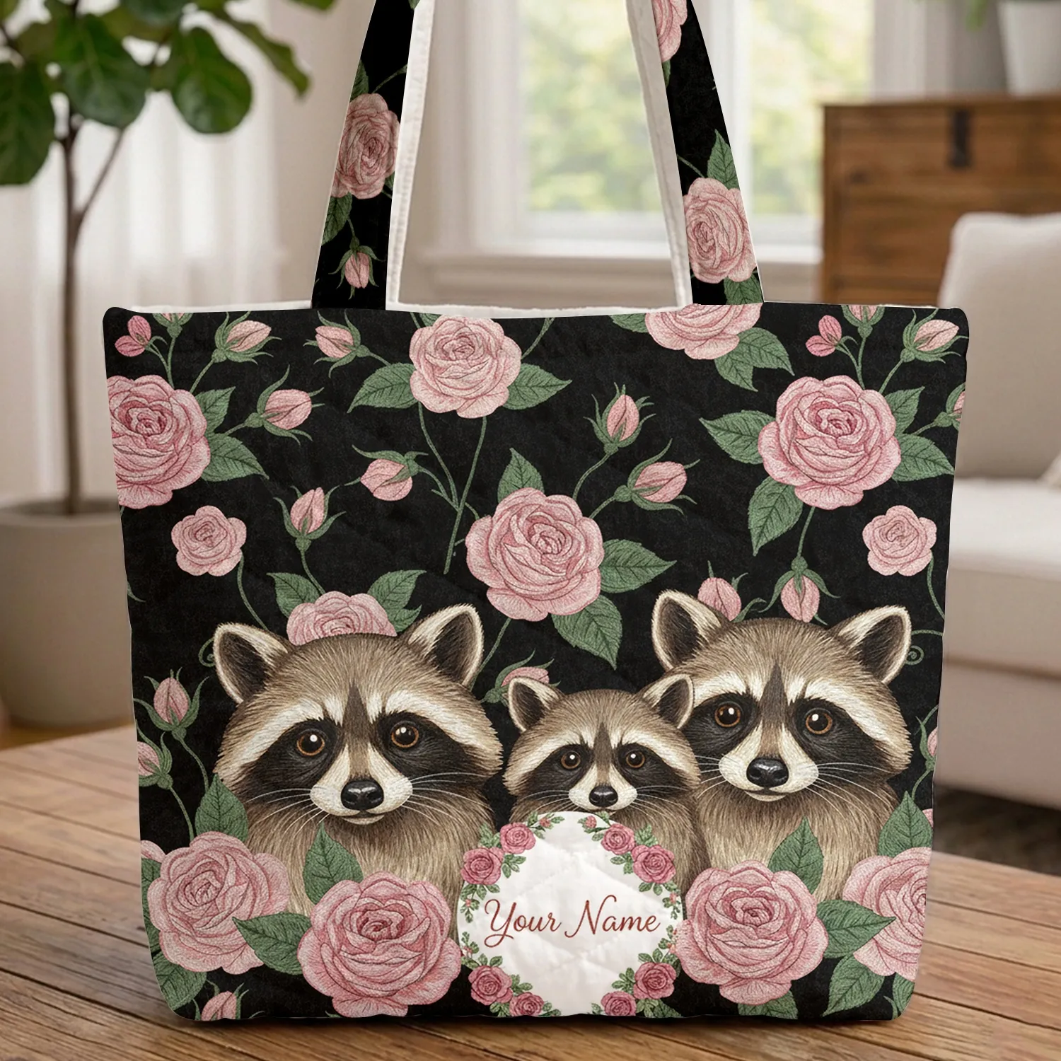 Three Curious Raccoons Pink Roses Green Leaves Your Name Floral Wreath - Wildlife Lover Gift Quilted Tote Bag - 1