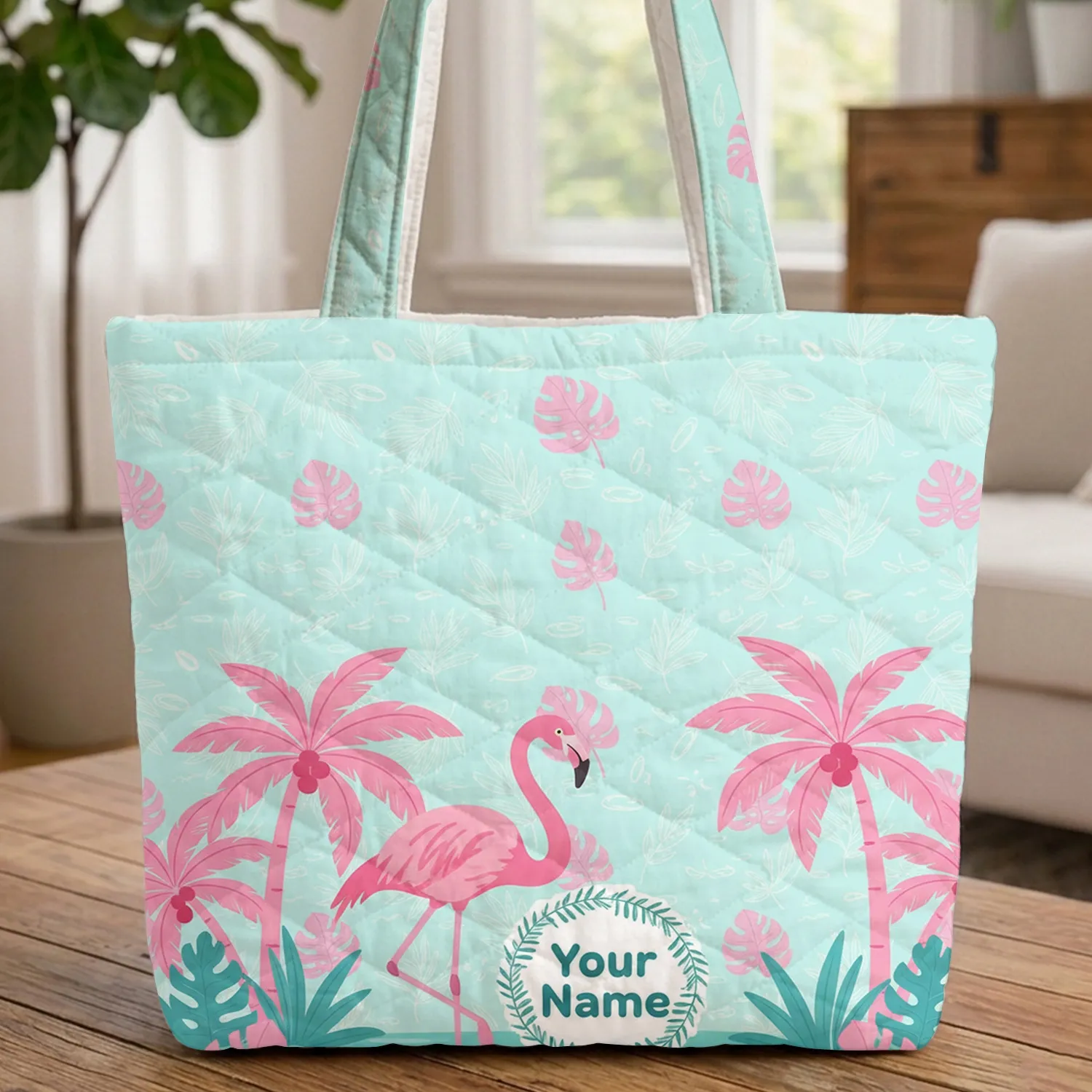 Pink Flamingo Tropical Foliage Personalized - Tropical Lifestyle Gift for Her Quilted Tote Bag - 1