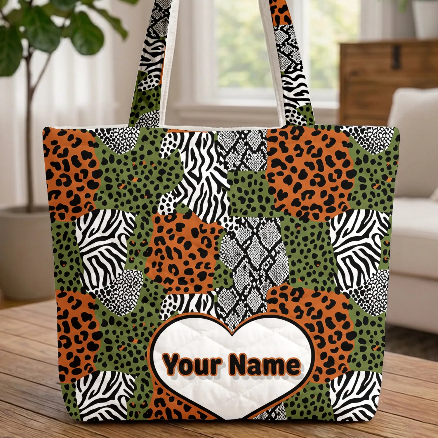 Leopard Tiger Snake Dots Heart Name Text - Everyday Carry Fashion Lifestyle Gift Quilted Tote Bag - 1