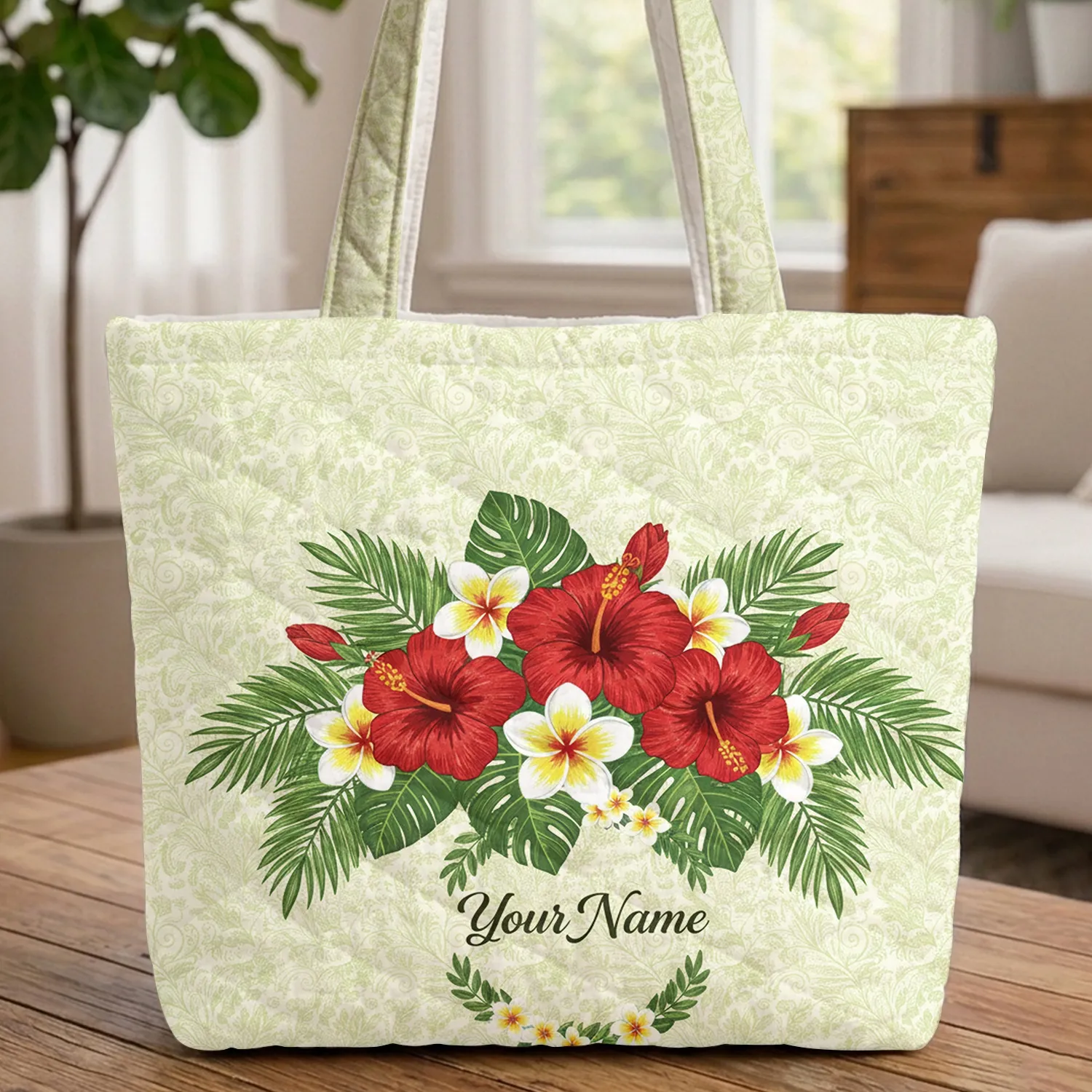 Red Hibiscus Plumeria Tropical Leaf Floral Wreath - Everyday Tote Quilted Tote Bag - 1