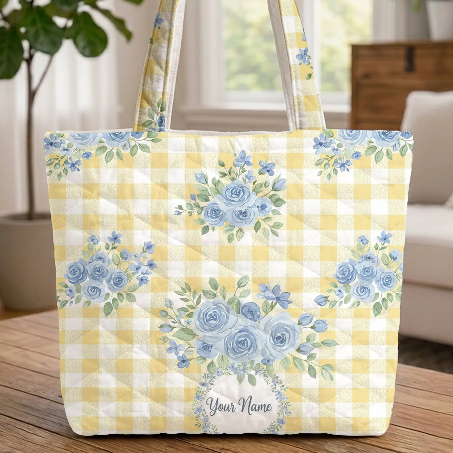 Name Wreath Blue Rose Gingham Periwinkle Floral - Everyday Carry Gift for Her Quilted Tote Bag - 1