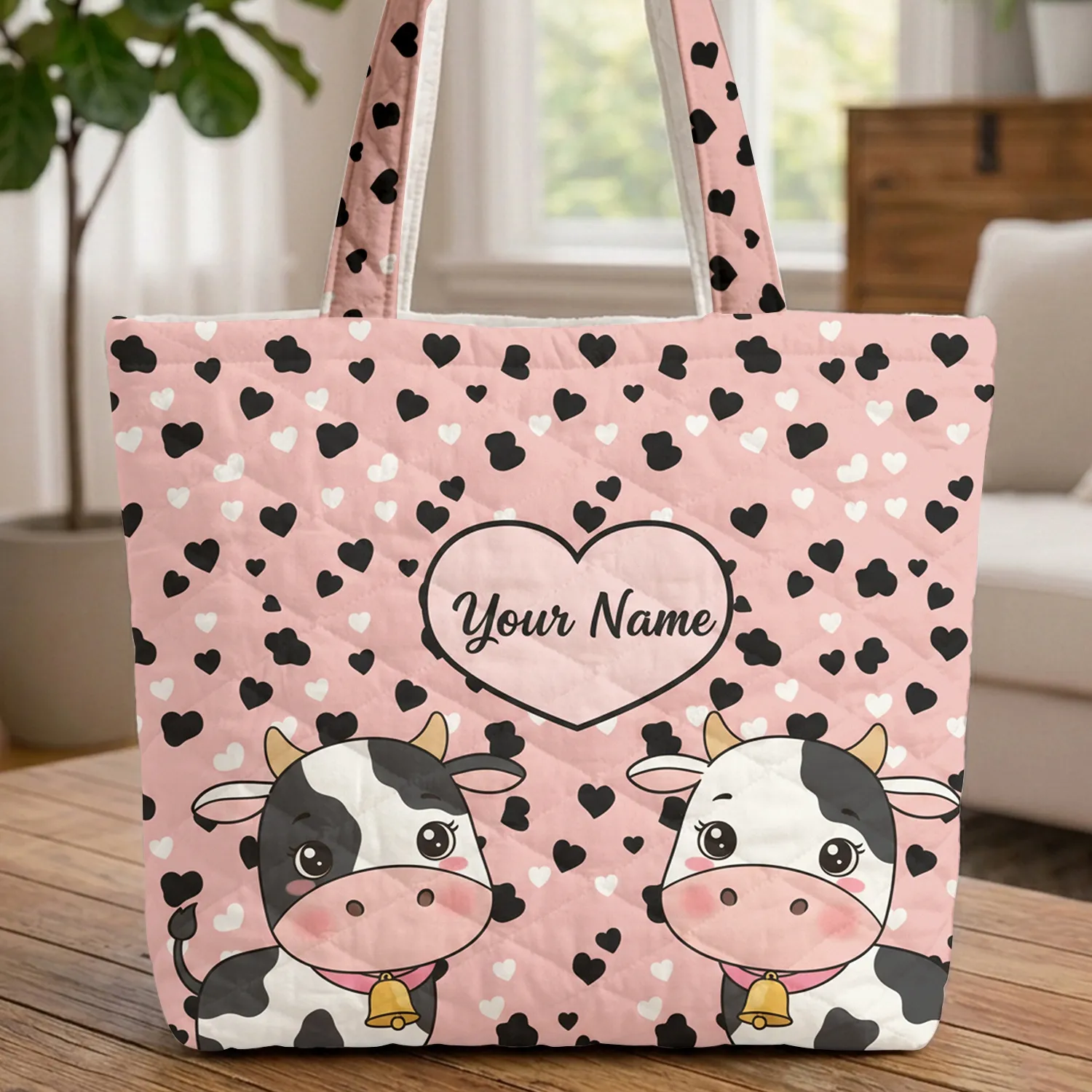 Cow Spots Hearts Personalized Cartoon Cows - Everyday Carry Cow Lover Gift Quilted Tote Bag - 1