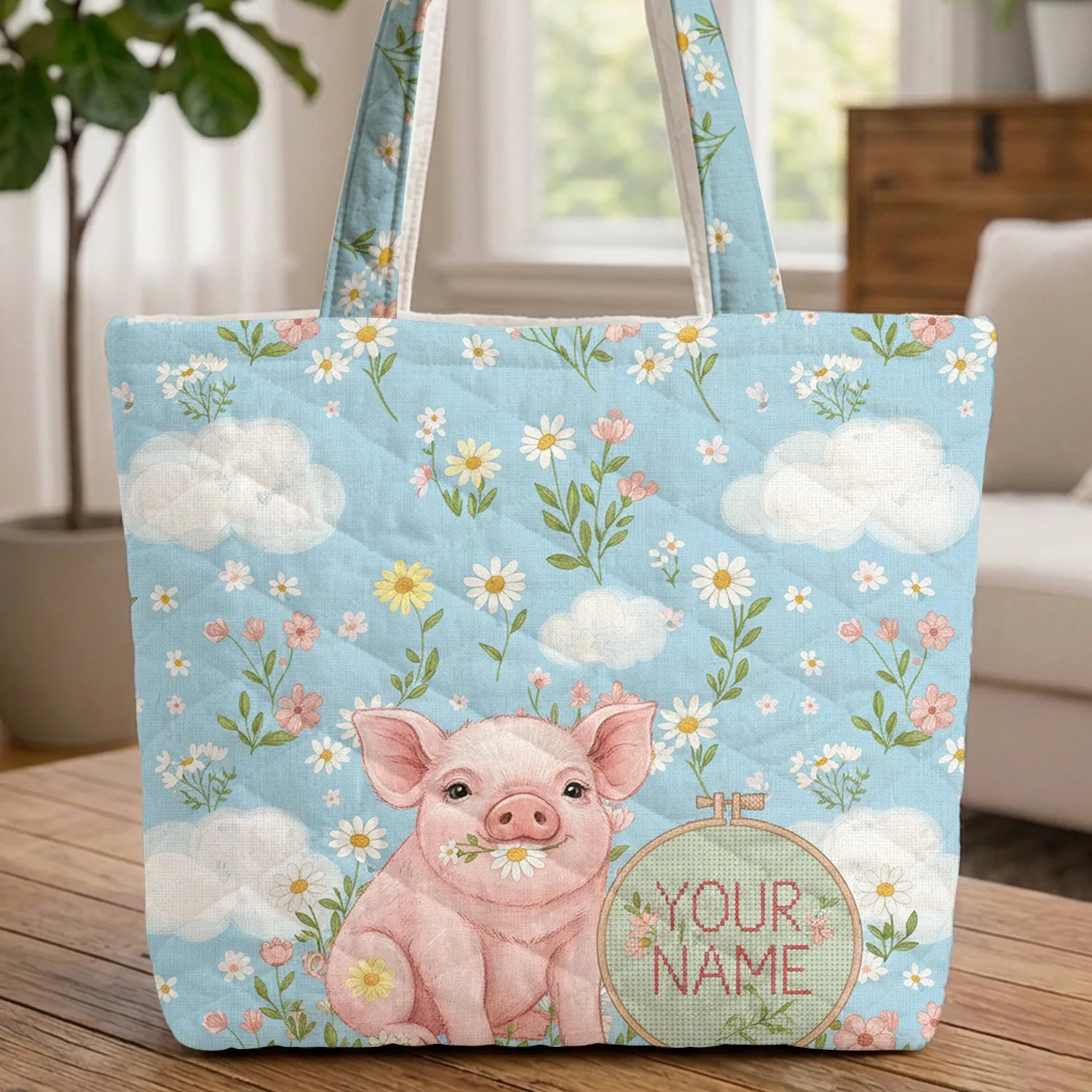 Piglet Daisy Wildflower Meadow Name Hoop - Storybook Childhood Gift for Kids Quilted Tote Bag - 1