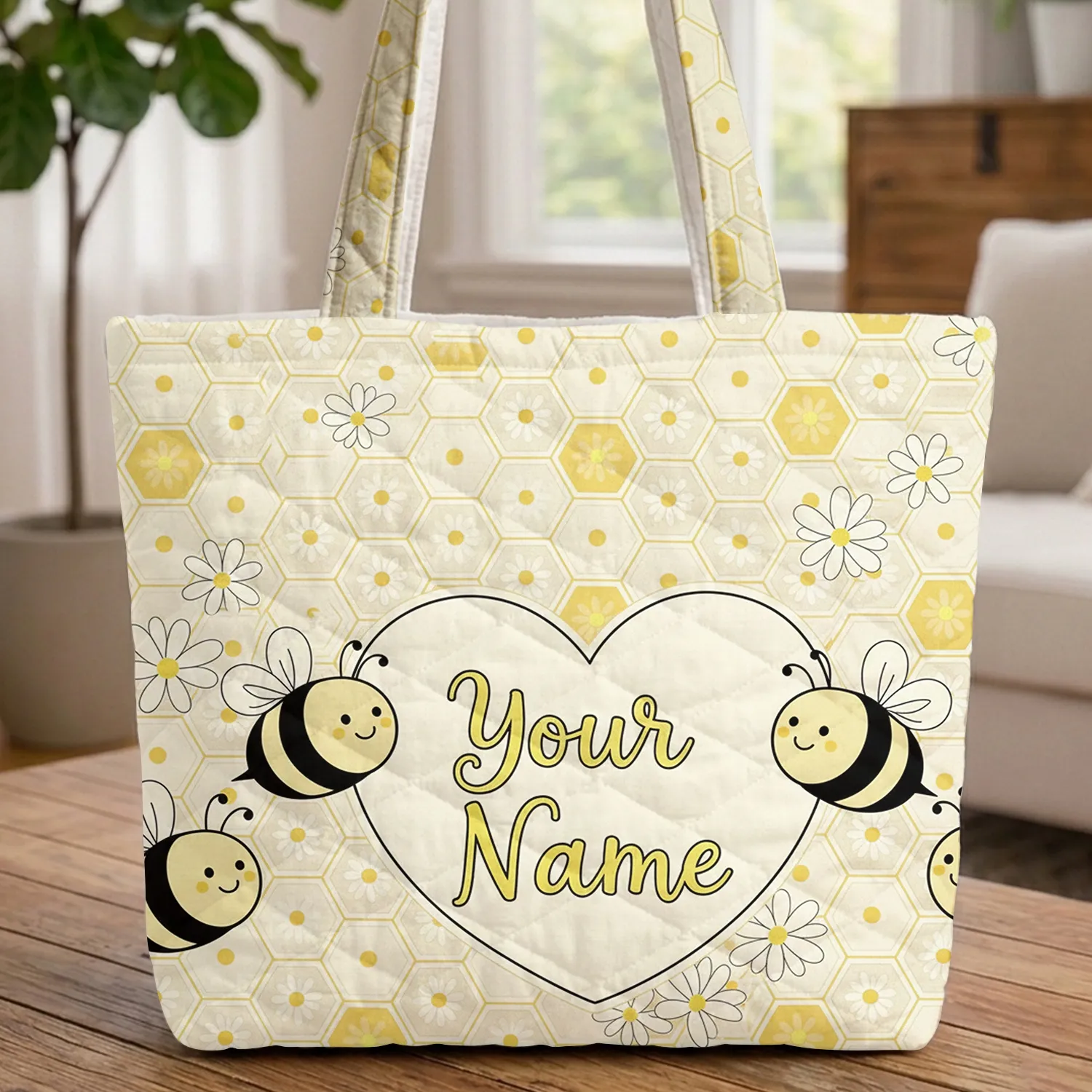 Bees Honeycomb Daisy Heart Personalized - Nature Lover Gift Quilted Tote Bag - 1