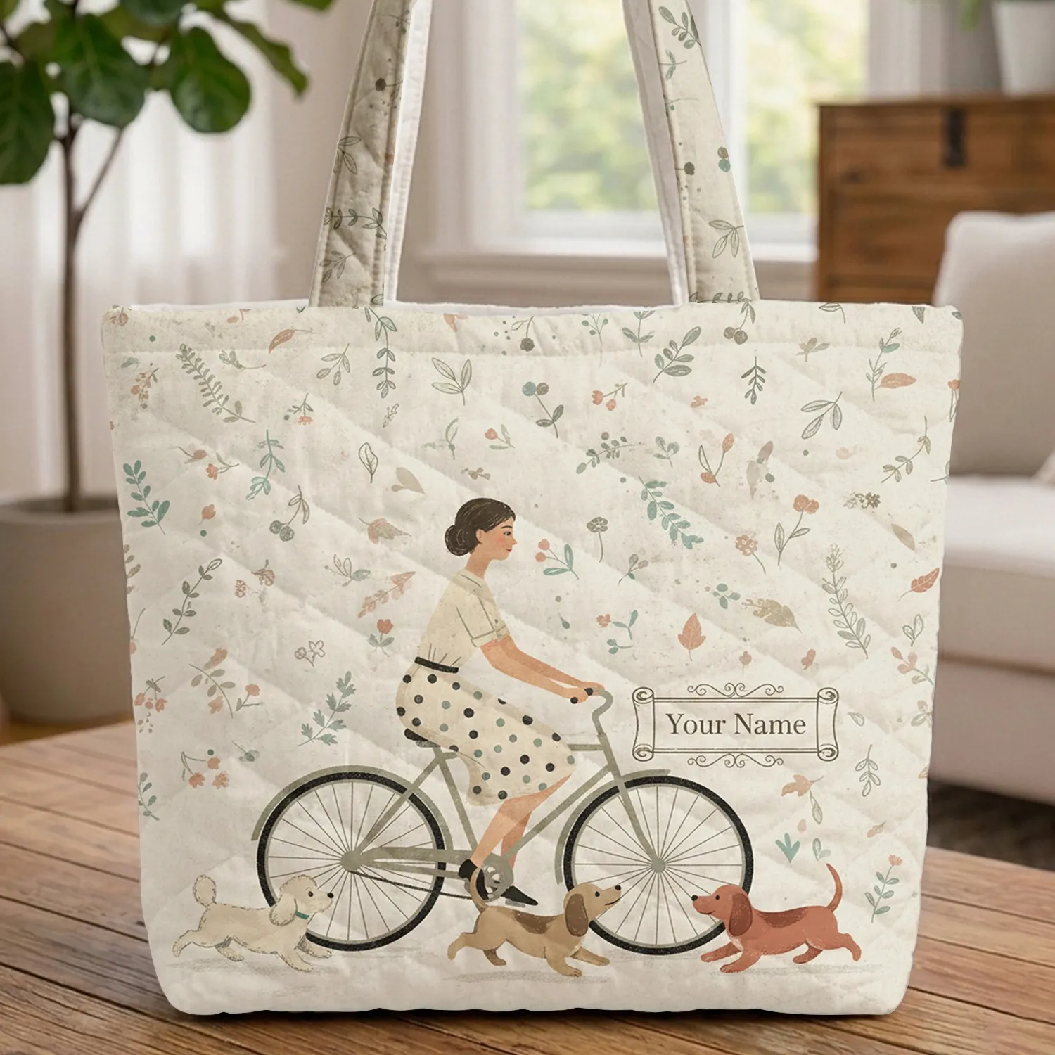 Elegant Woman Vintage Bicycle Puppies Wildflowers - Puppy Lover Gift Quilted Tote Bag - 1