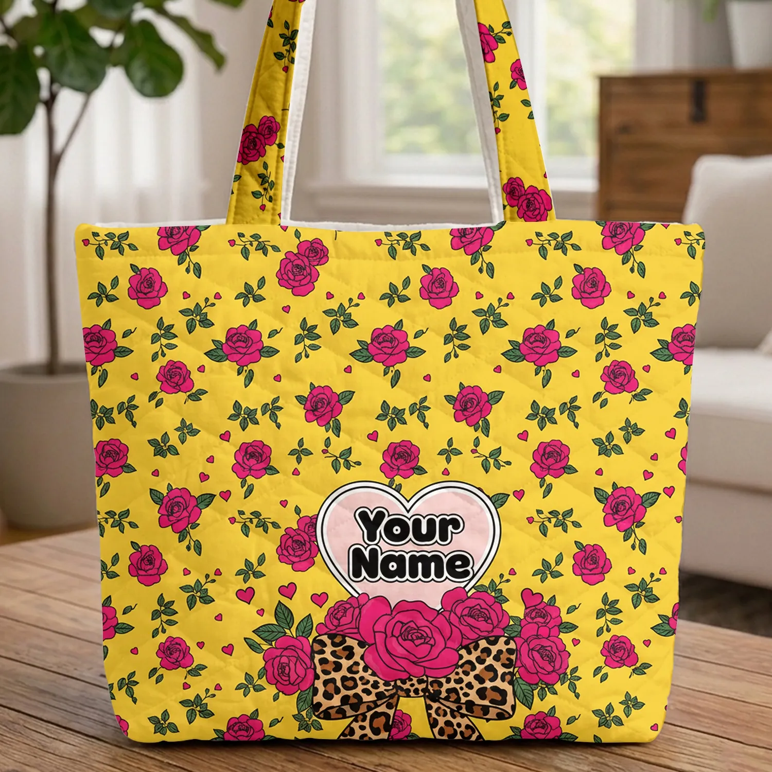 Leopard Bow Pink Roses Hearts Personalized Heart Name - Everyday Gift for Her Quilted Tote Bag - 1