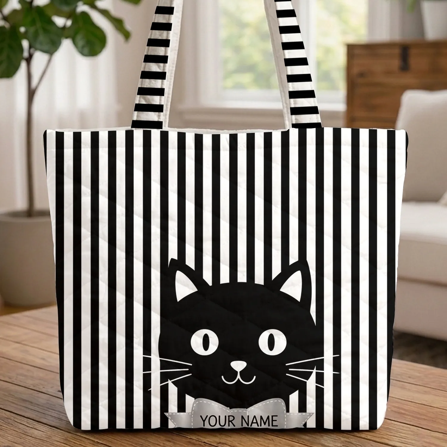 Black Cat Face White Whiskers Pinstripes - Silver Ribbon Cat Lover Gift Quilted Tote Bag - 1