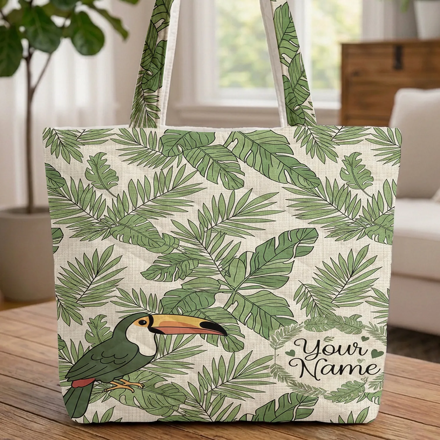 Proud Toucan Tropical Palm Leaves Jungle Foliage - Wildlife Lover Travel Gift Quilted Tote Bag - 1